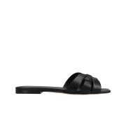 (W) Saint Laurent Tribute Flat Mules in Smooth Leather Black