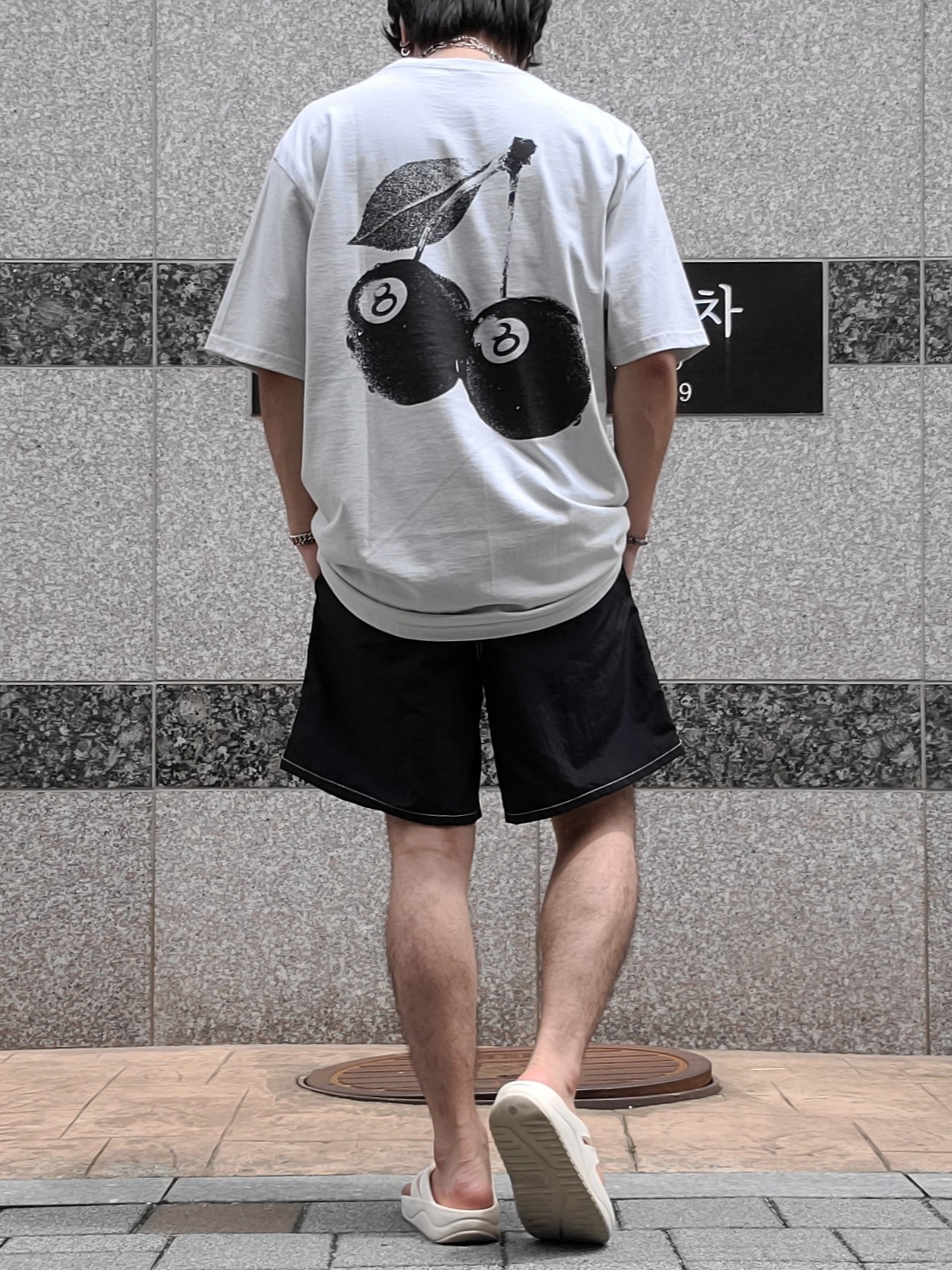 Stussy Cherries T-Shirt Fog, Stussy Sport Water Shorts Black 착용 스타일 - 2