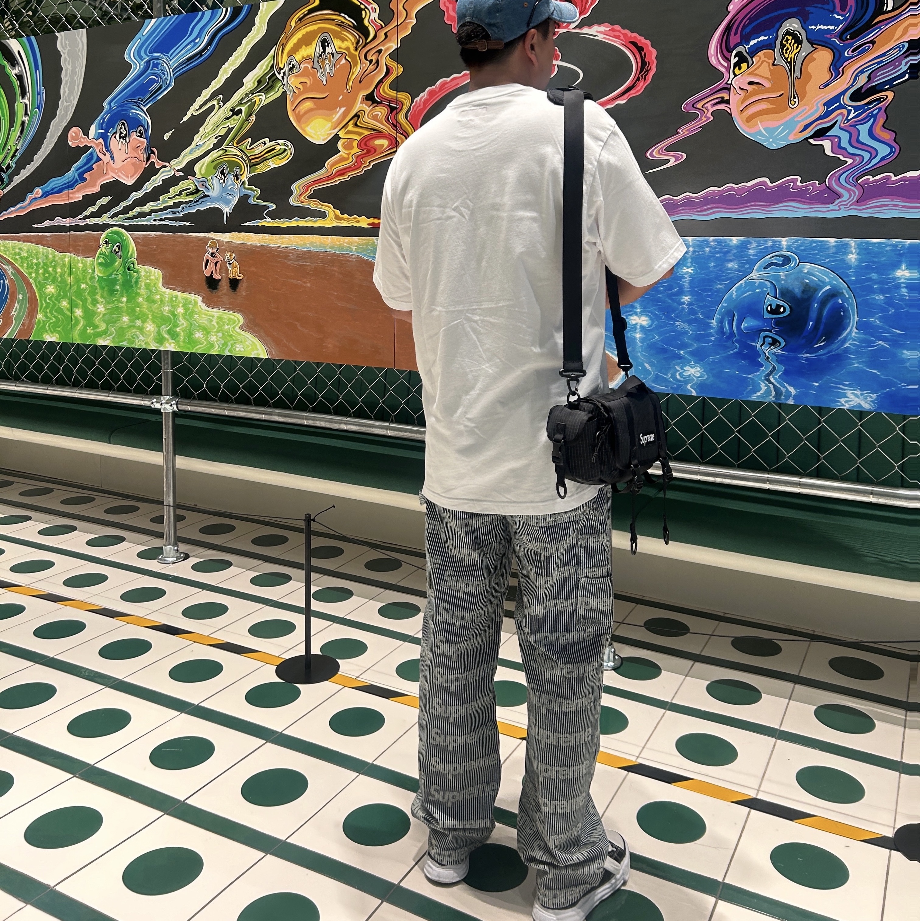 Supreme Denim Painter Pants Stripe - 24SS, Supreme Small Box T-Shirt White - 24SS 착용 스타일