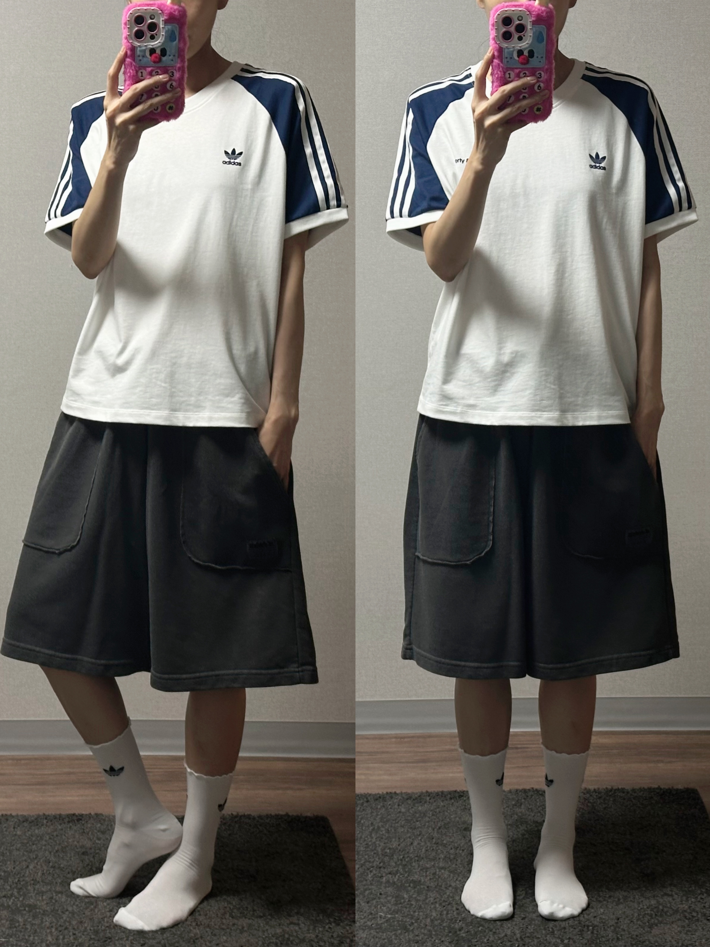 (W) Adidas x Sporty & Rich T-Shirt White Night Indigo - KR Sizing, (W) Adidas Firebird Shorts Black - KR Sizing 착용 스타일 - 2
