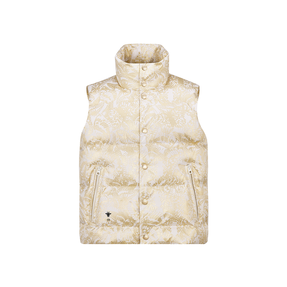 (W) Dioralps Puffer Vest White Quilted Technical Taffeta Gold Tone Allover Butterfly Motif 상세 이미지 1