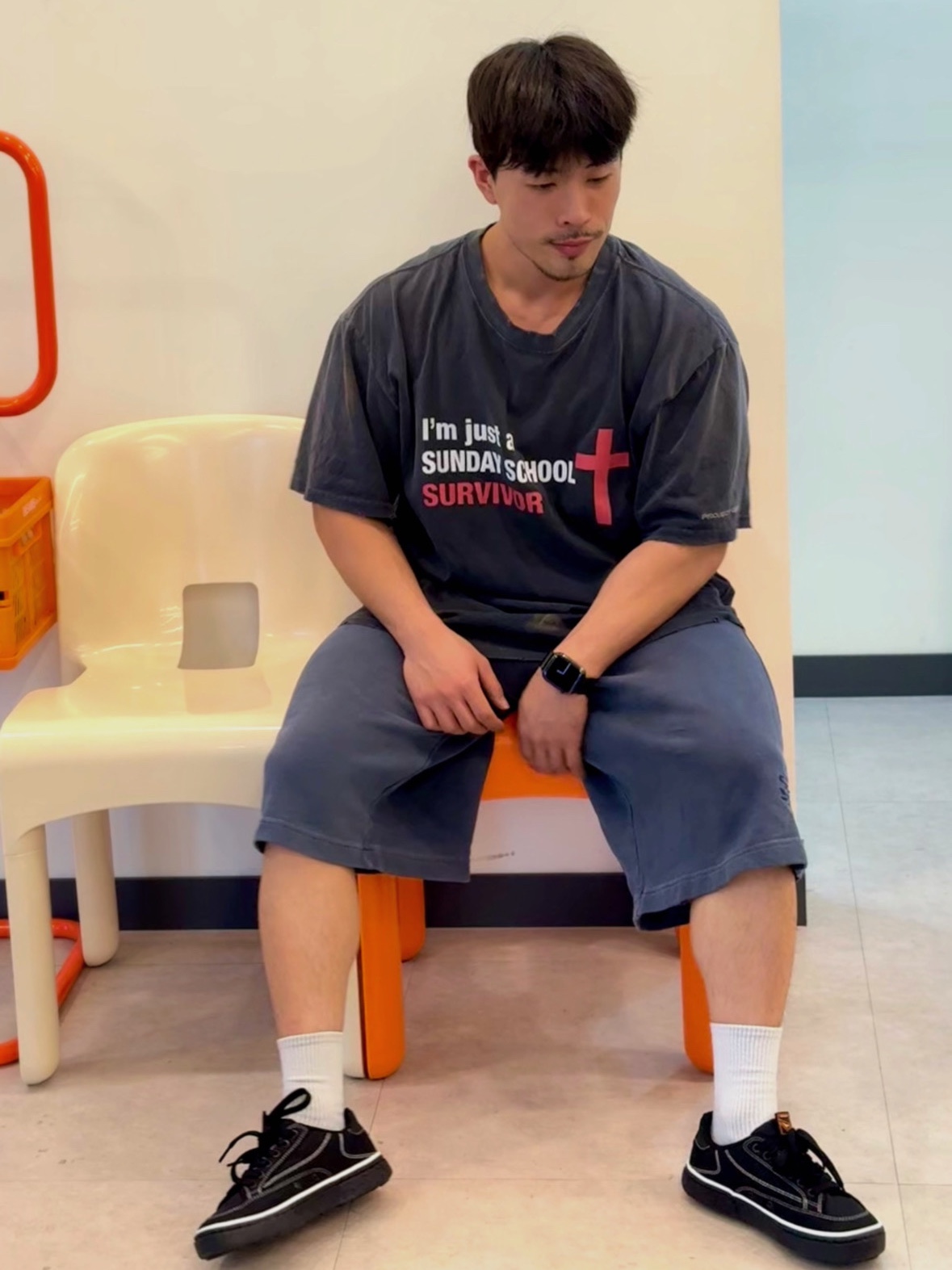 Project G/R Sunday School Washed T-Shirt Navy 착용 스타일 - 2