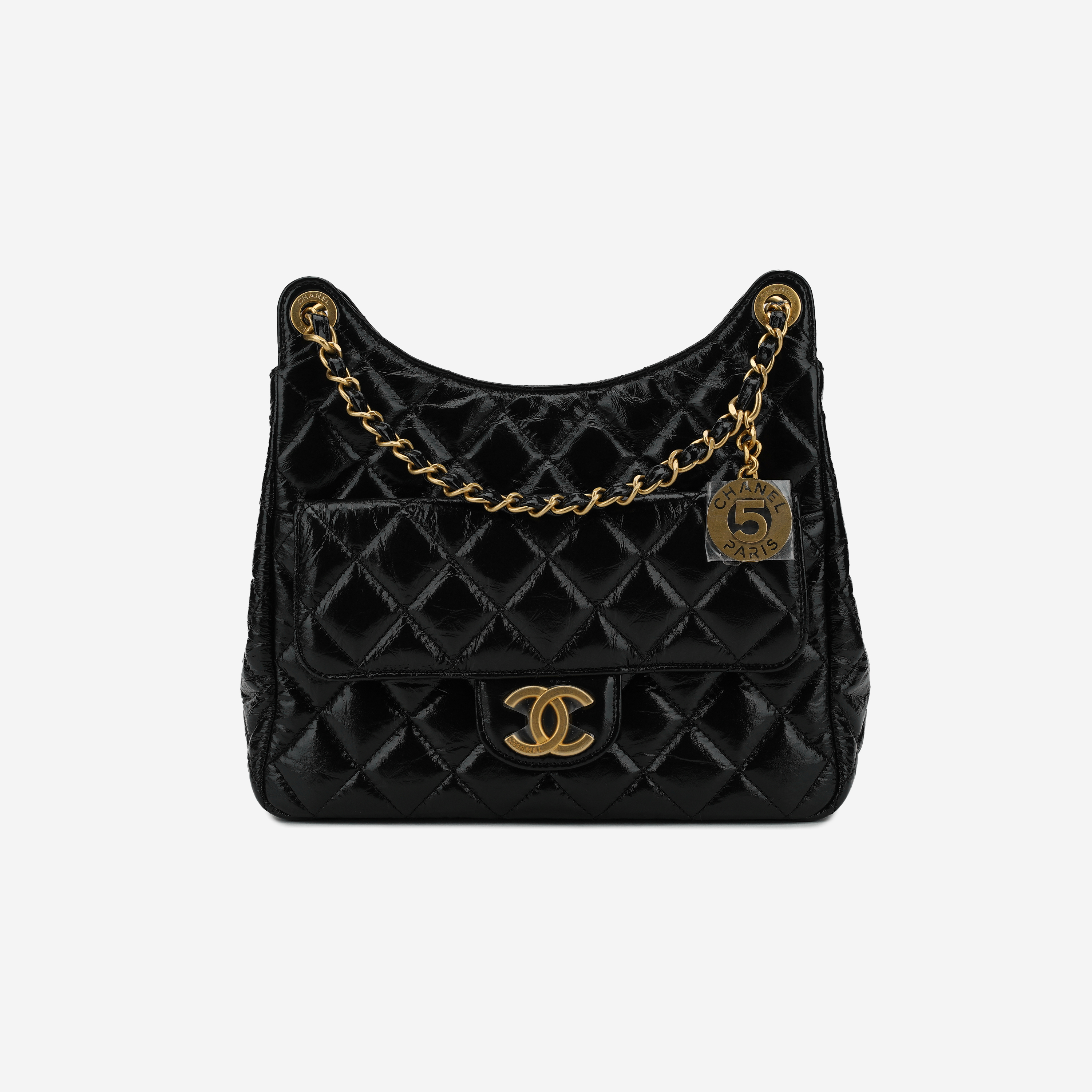 Chanel Hobo Handbag Shiny Crumpled Calfskin & Gold Black
