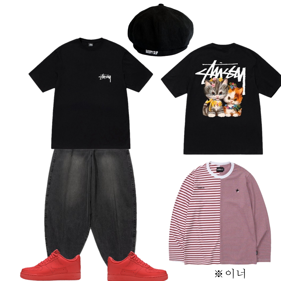 Stussy Kittens T-Shirt Black, Nike Air Force 1 '07 LV8 Low 1 Triple Red 착용 스타일 - 4