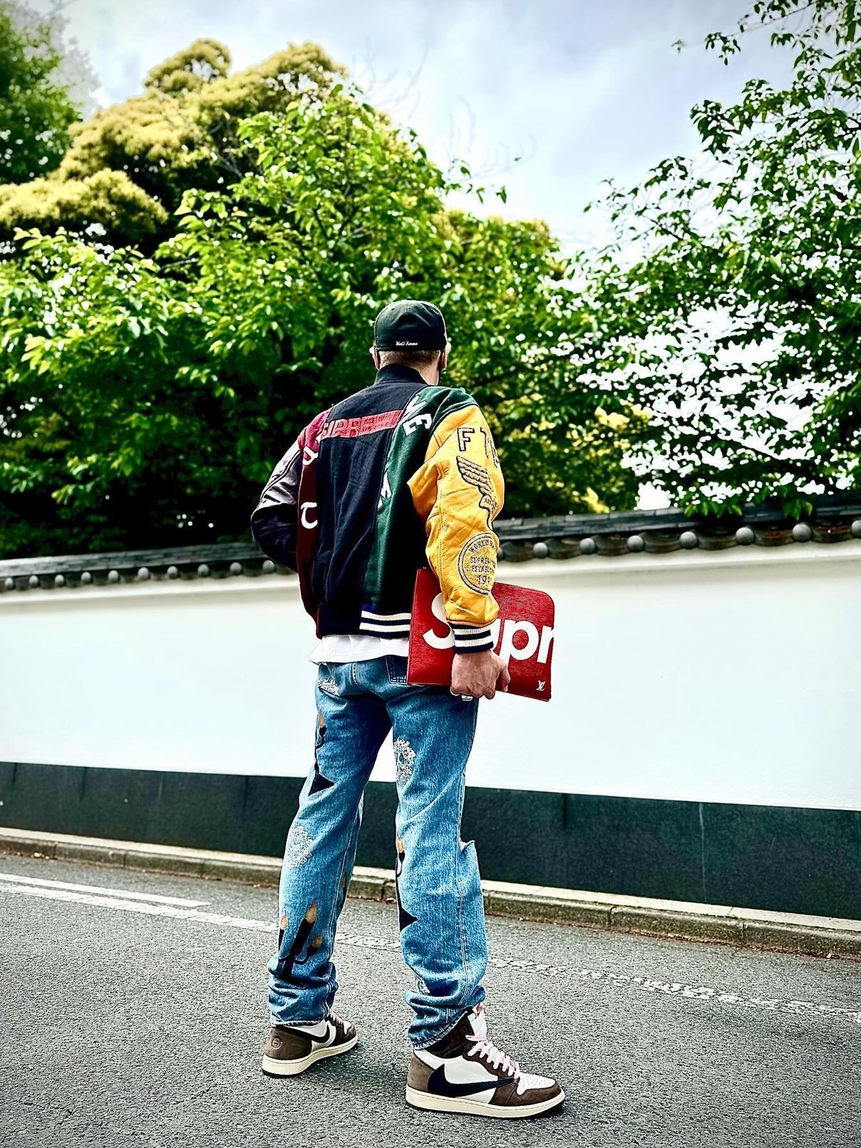 Supreme x MM6 Maison Margiela Split Varsity Jacket Multicolor - 24SS, Supreme First T-Shirt White - 24SS 착용 스타일 - 1