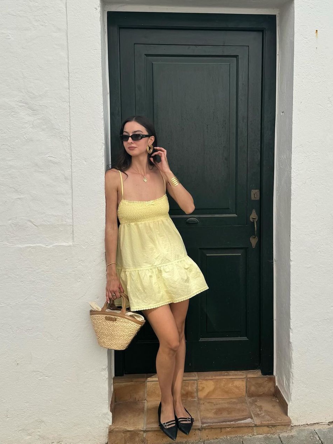 (W) Acne Studios Leather Bustier Dress Yellow, (W) Maje Traffeta Maxi Dress Yellow 착용 스타일 - 2