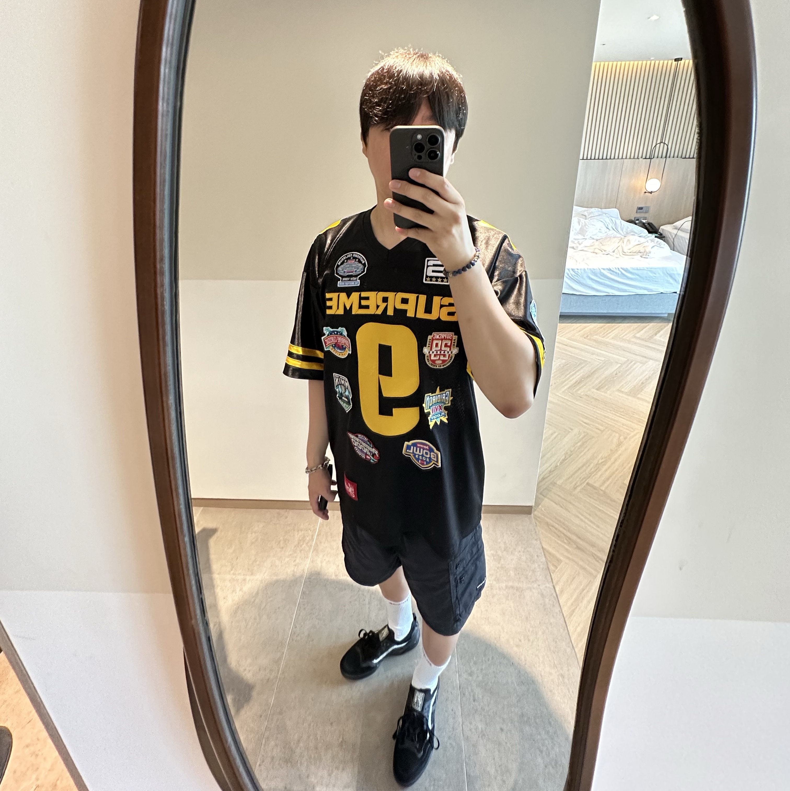 Supreme Championships Embroidered Football Jersey Black - 23FW, Supreme Cargo Water Short Black - 24SS 착용 스타일