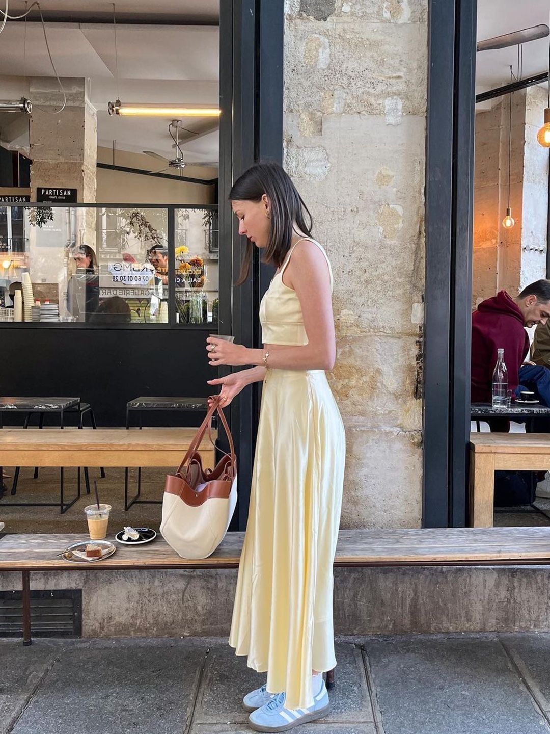 (W) Acne Studios Leather Bustier Dress Yellow, (W) Maje Traffeta Maxi Dress Yellow 착용 스타일 - 4