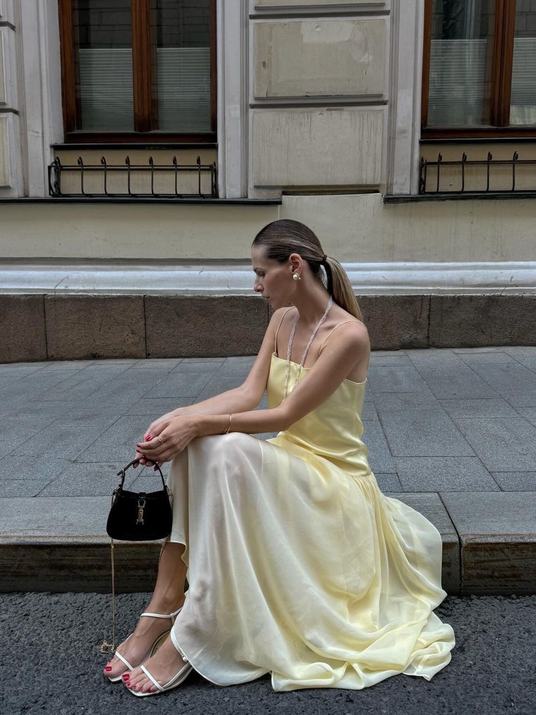 (W) Acne Studios Leather Bustier Dress Yellow, (W) Maje Traffeta Maxi Dress Yellow 착용 스타일 - 3