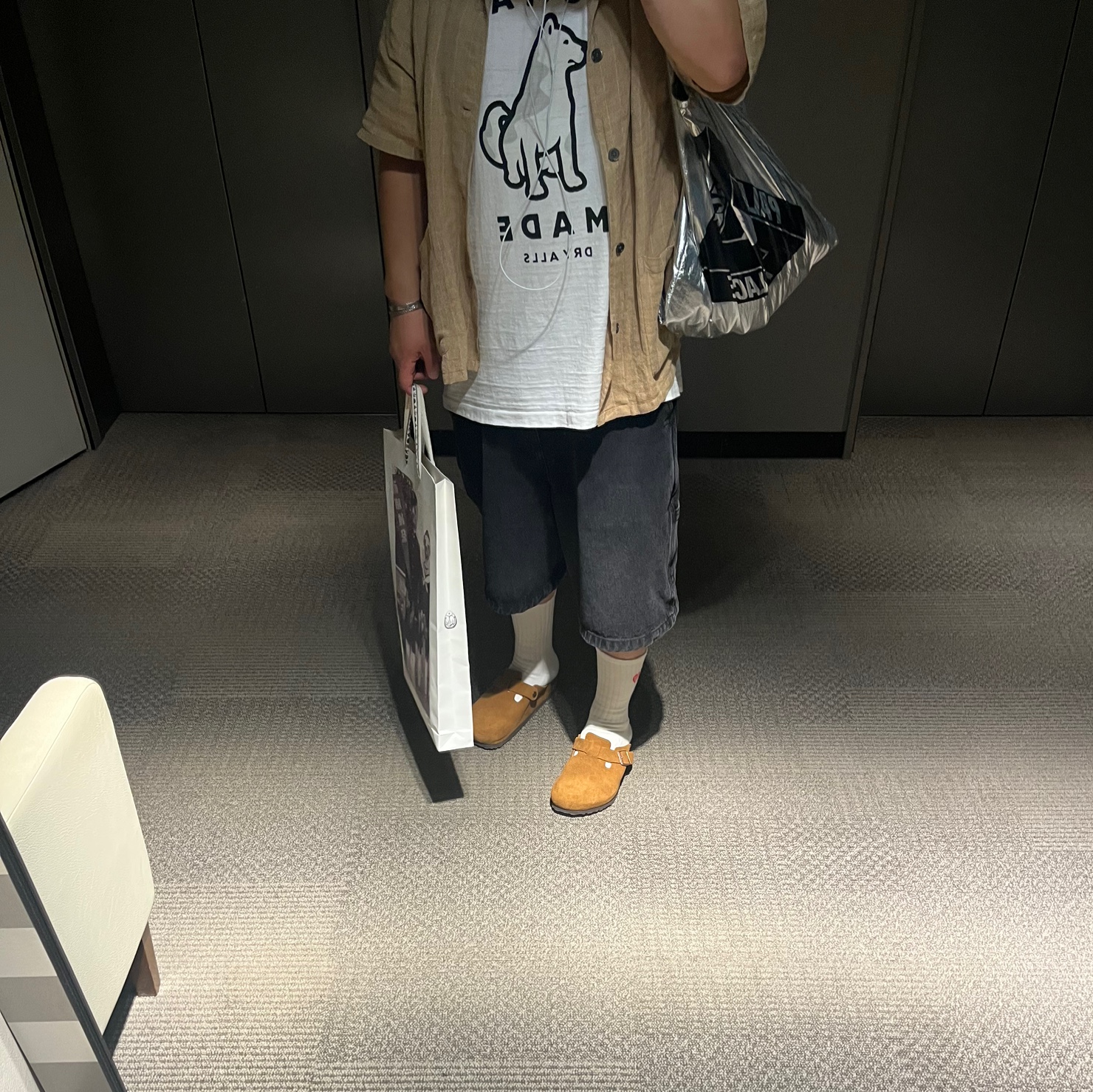 Human Made Worksout 20th Anniversary Jindo Dog Graphic T-Shirt White, Our Legacy Elder Short Sleeve Shirt Oat Texan Pinstripe 착용 스타일 - 2