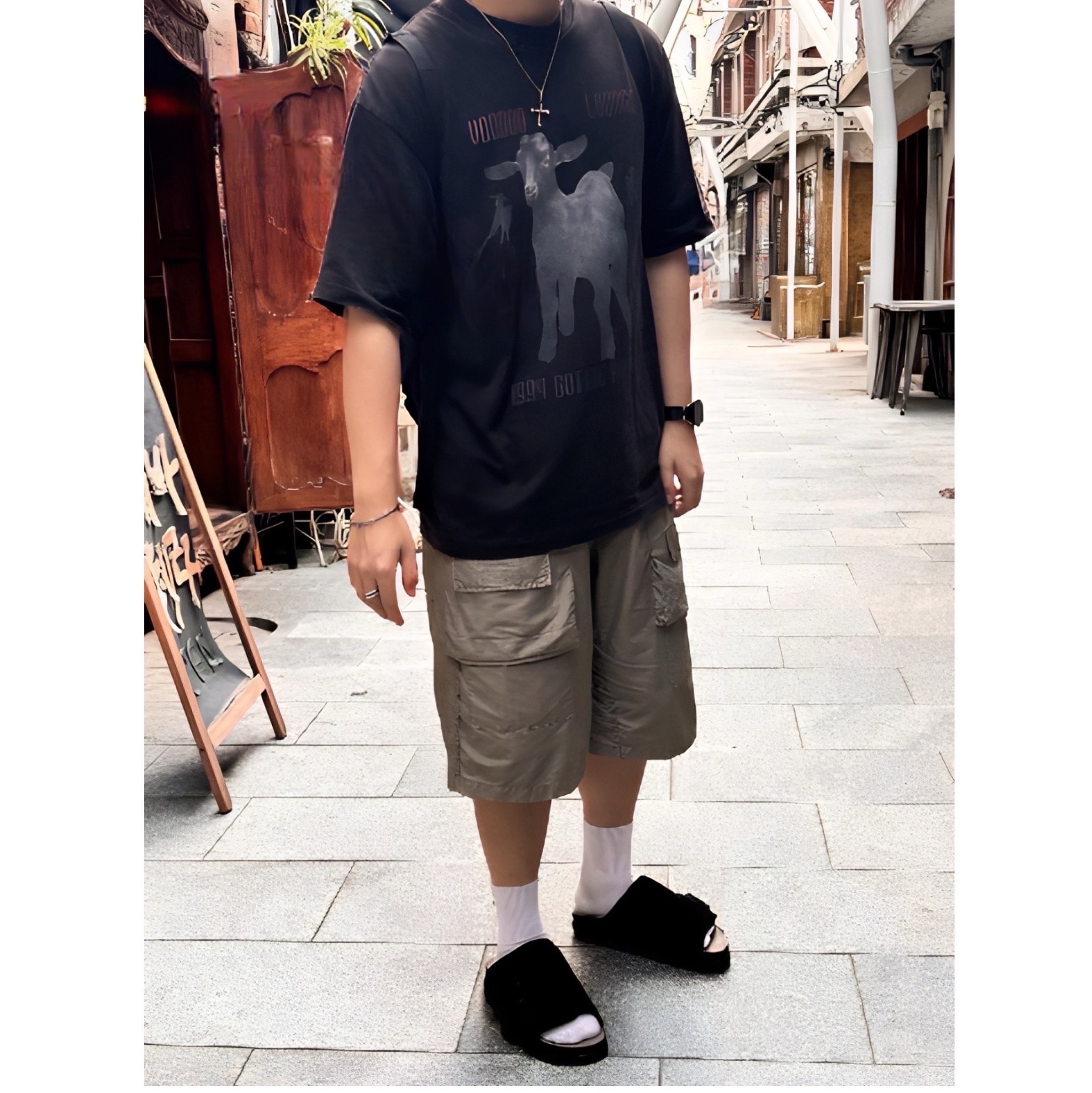 [프리오더] Polyteru 925 Silver Neck Chain 001 (Chain), [프리오더] Polyteru Jumbo Slippers Black 착용 스타일 - 1