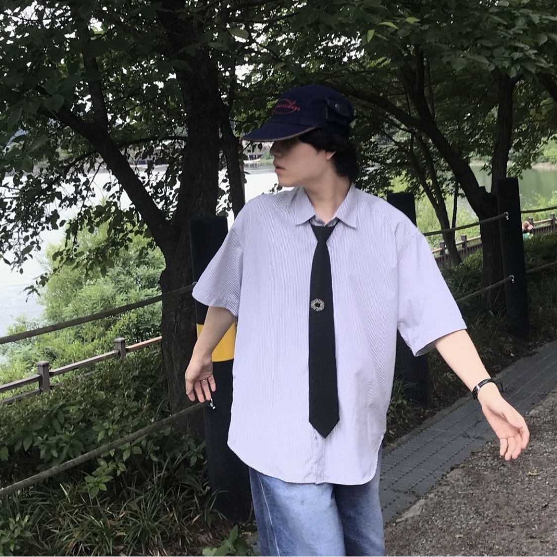 Problemallways Logo Denim Pocket Camp Cap Blue 착용 스타일 - 2