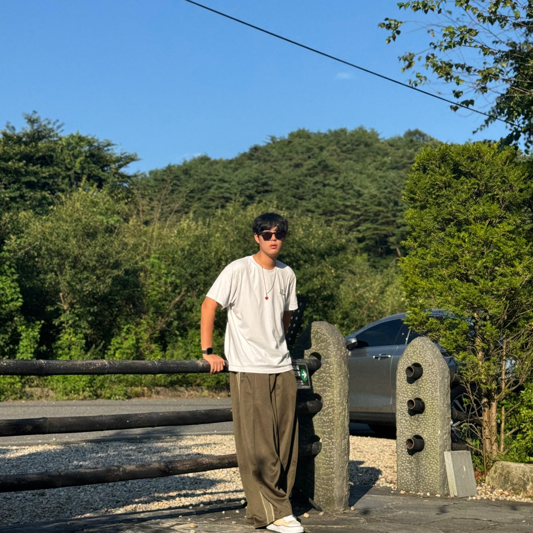 Needles x LHP H.D. Track Pants Poly Smooth Wide Olive, Uniqlo UT x Kaws Short Sleeve Graphic T-Shirt White 착용 스타일