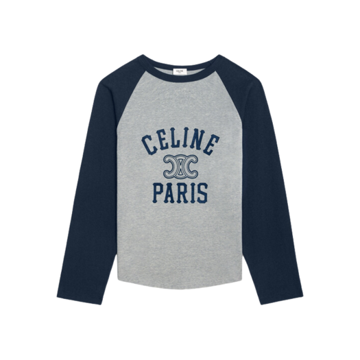 (W) Celine Paris T-Shirt In Cotton Jersey Grey Melange Navy