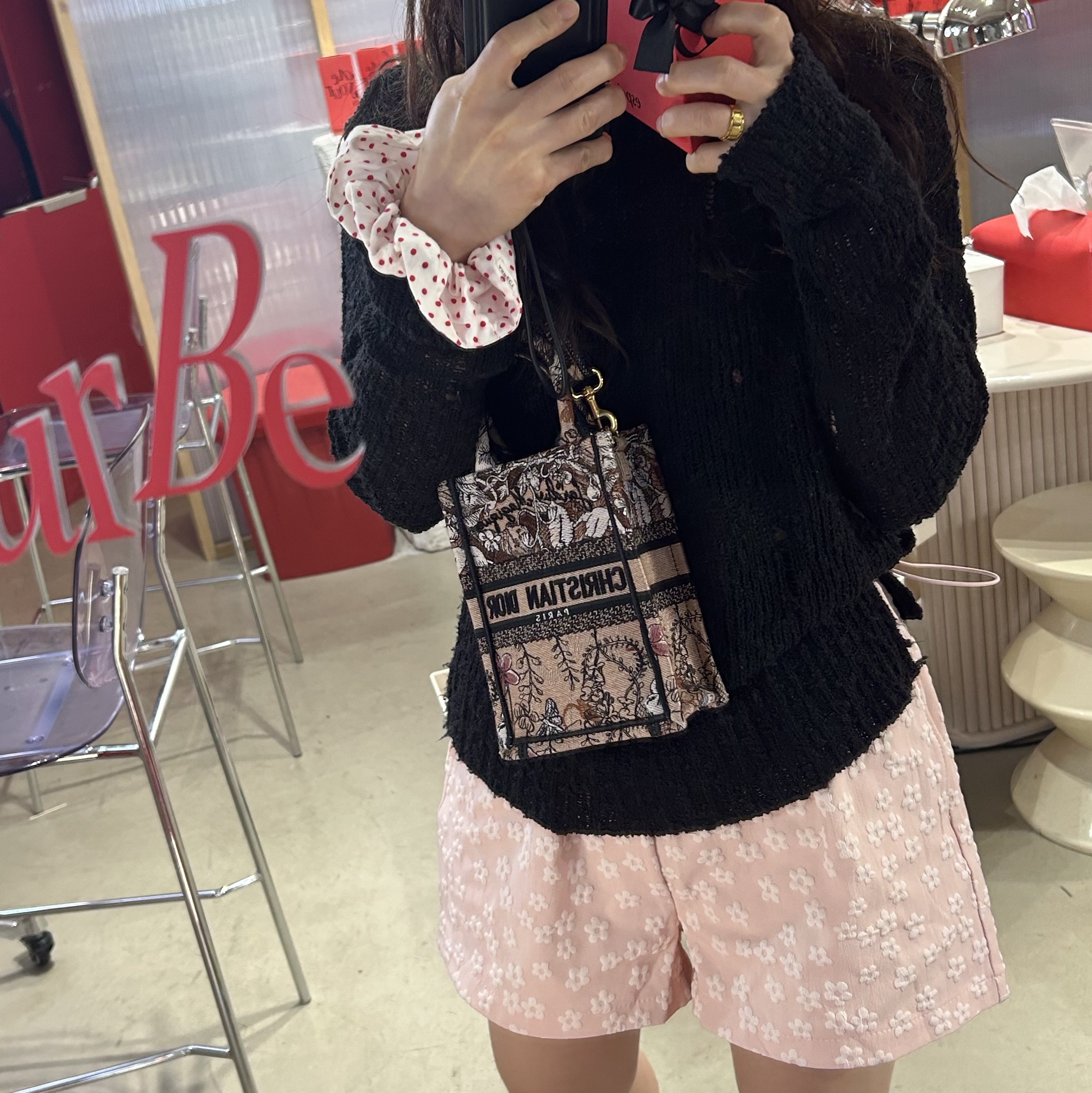 Dior Mini Dior Book Tote Phone Bag Powder Pink Dior Jardin Magique Embroidery 착용 스타일