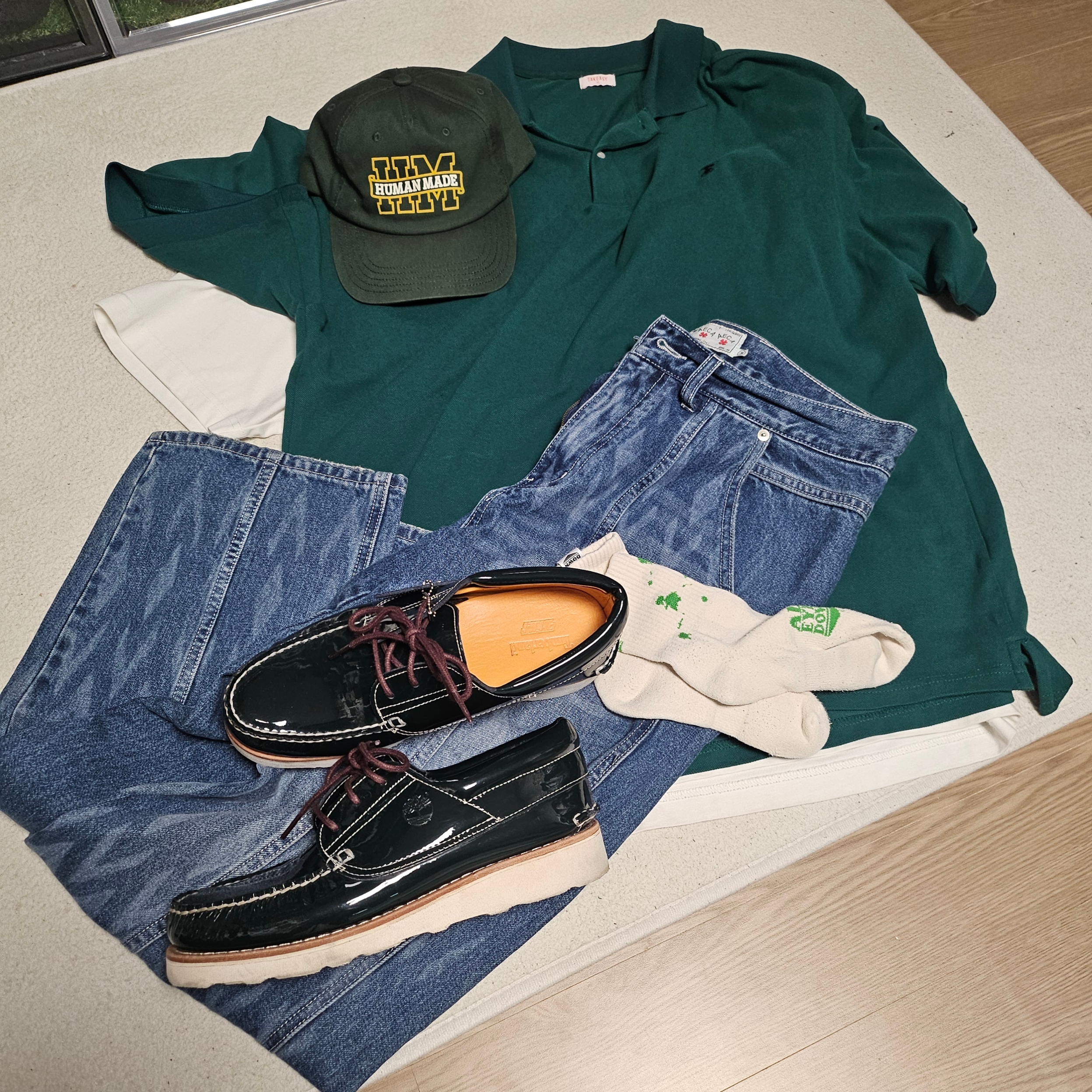 KASINA x Timberland 3 Eye Wedge Vibram Dark Green, Human Made 5-Panel Twill Cap #1 Green 착용 스타일