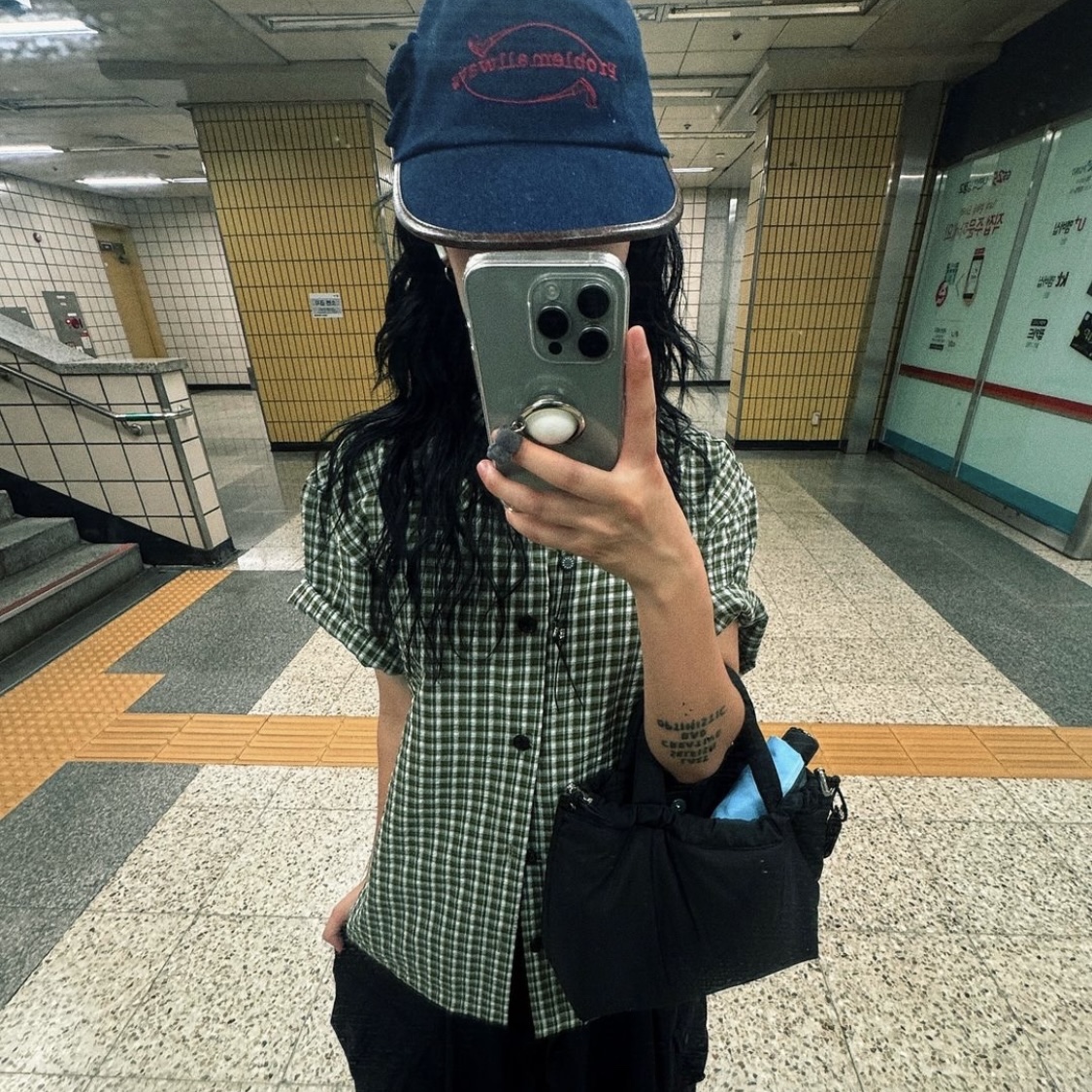Problemallways Logo Denim Pocket Camp Cap Blue 착용 스타일 - 1