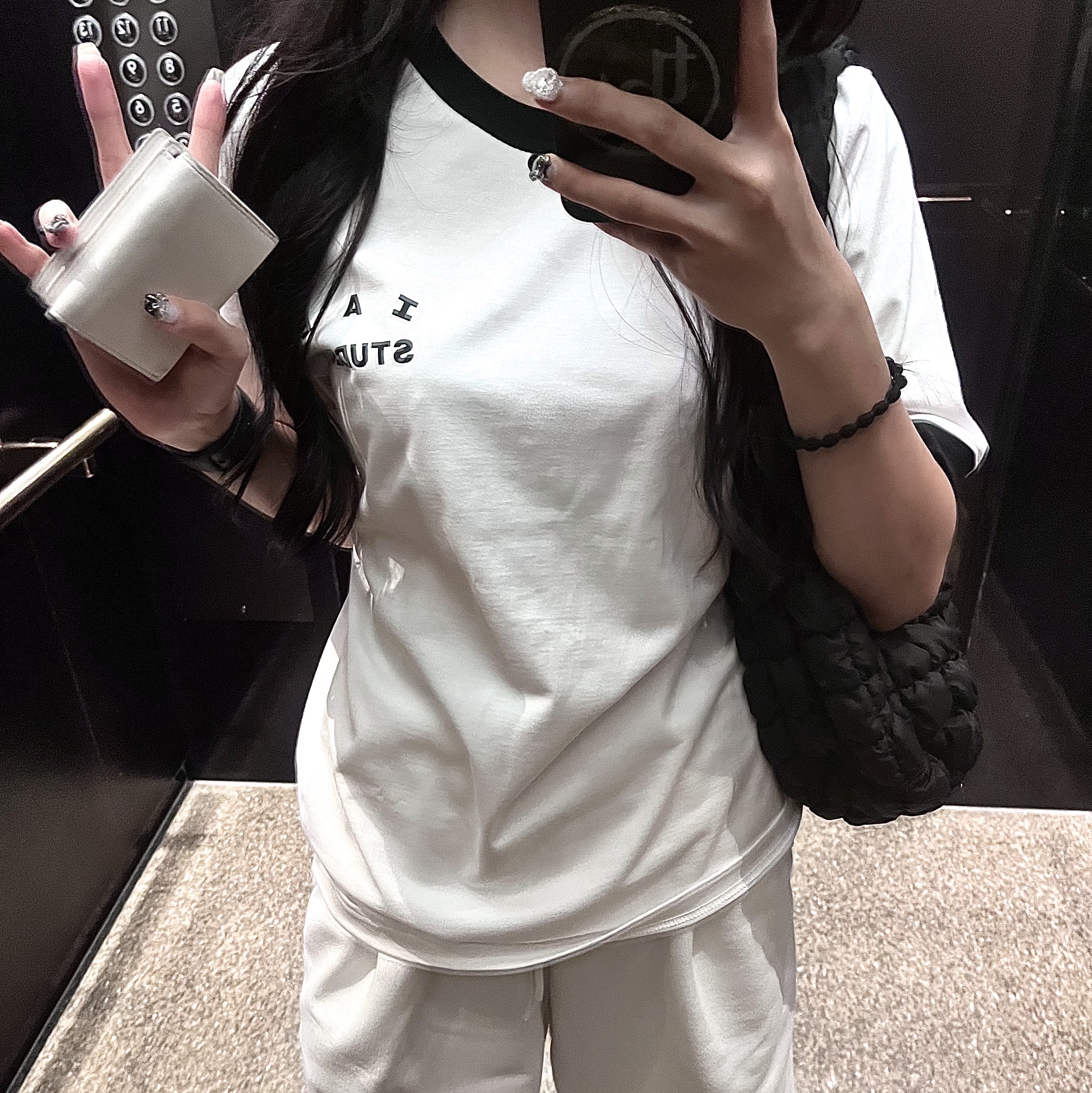 IAB Studio Established T-Shirt White Black, COS Quilted Mini Bag Black 착용 스타일