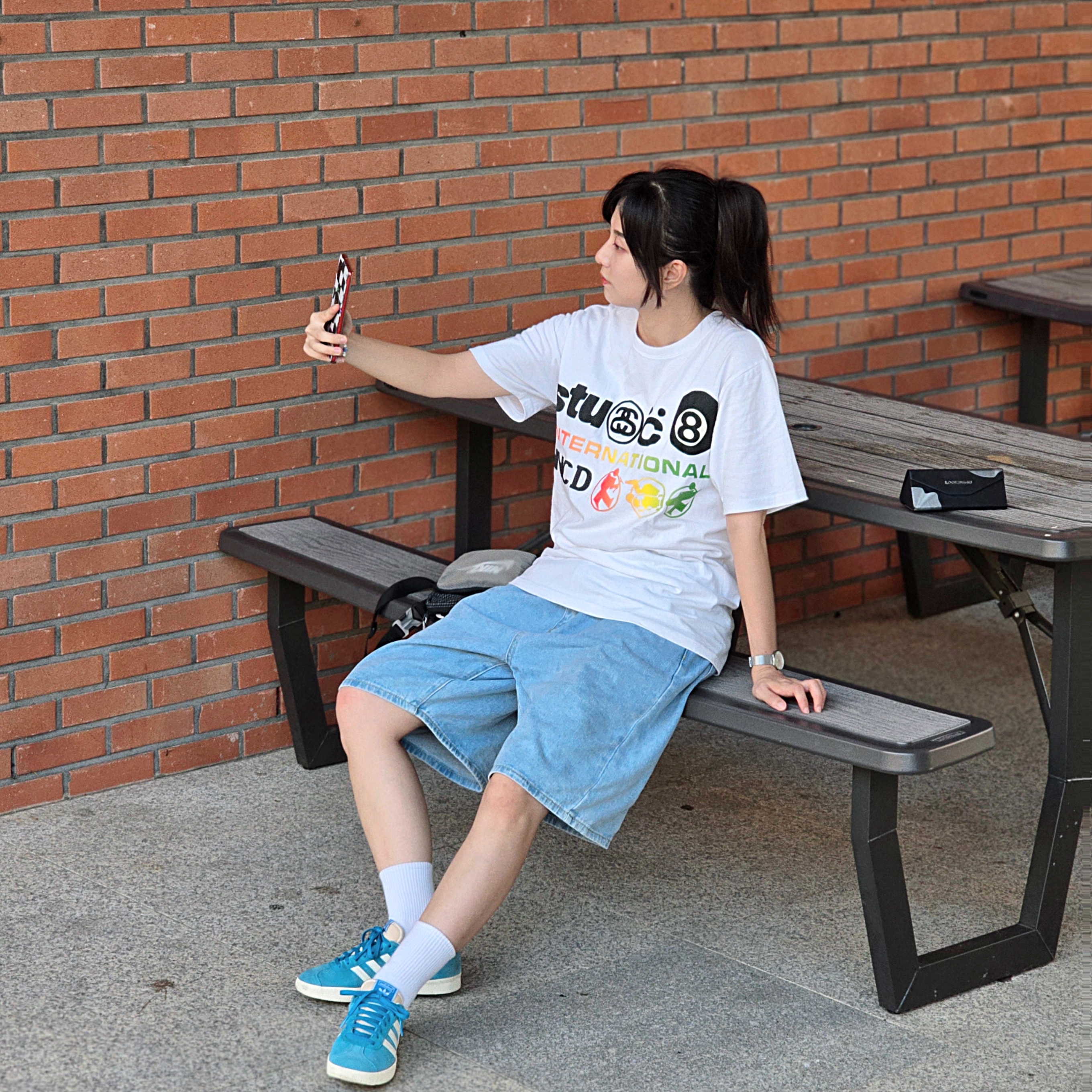 Stussy x Cactus Plant Flea Market International T-Shirt White, Adidas Gazelle Bold Aqua Off White 착용 스타일 - 2