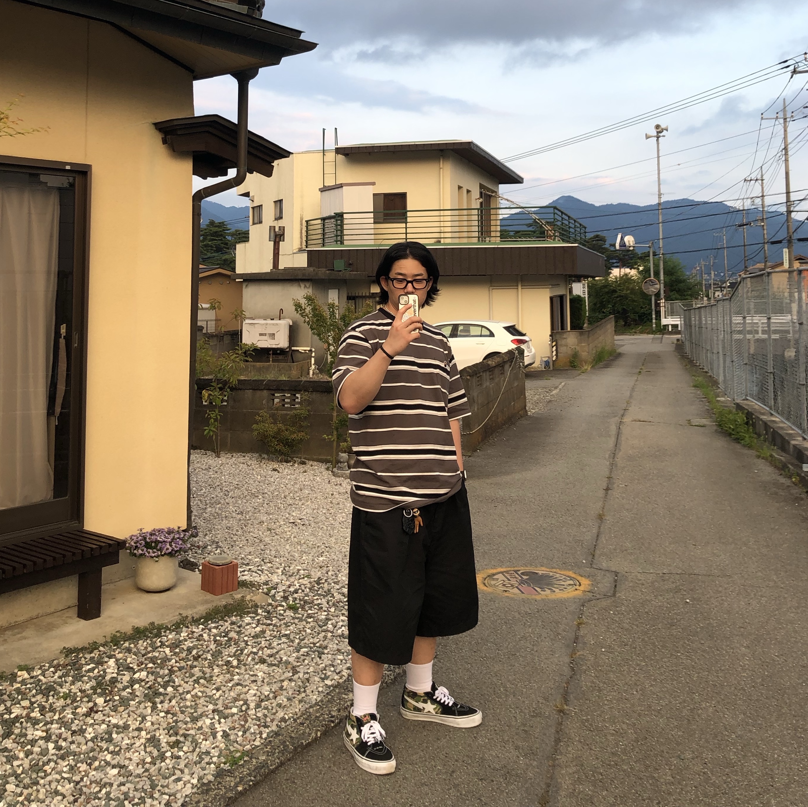 BAPE Ape Head One Point Stripe T-Shirt Black, Vans x BAPE Sk8-Mid Reissue 83 LX Black 착용 스타일 - 2