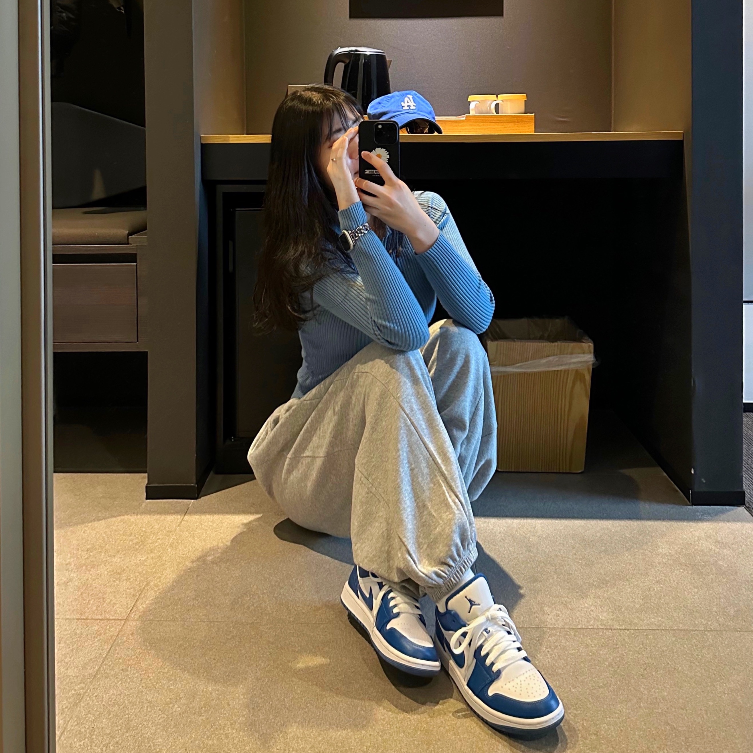 MLB Rookie Unstructure Ball Cap LA Dodgers Blue, (W) Jordan 1 Low White Dark Marina Blue 착용 스타일 - 2