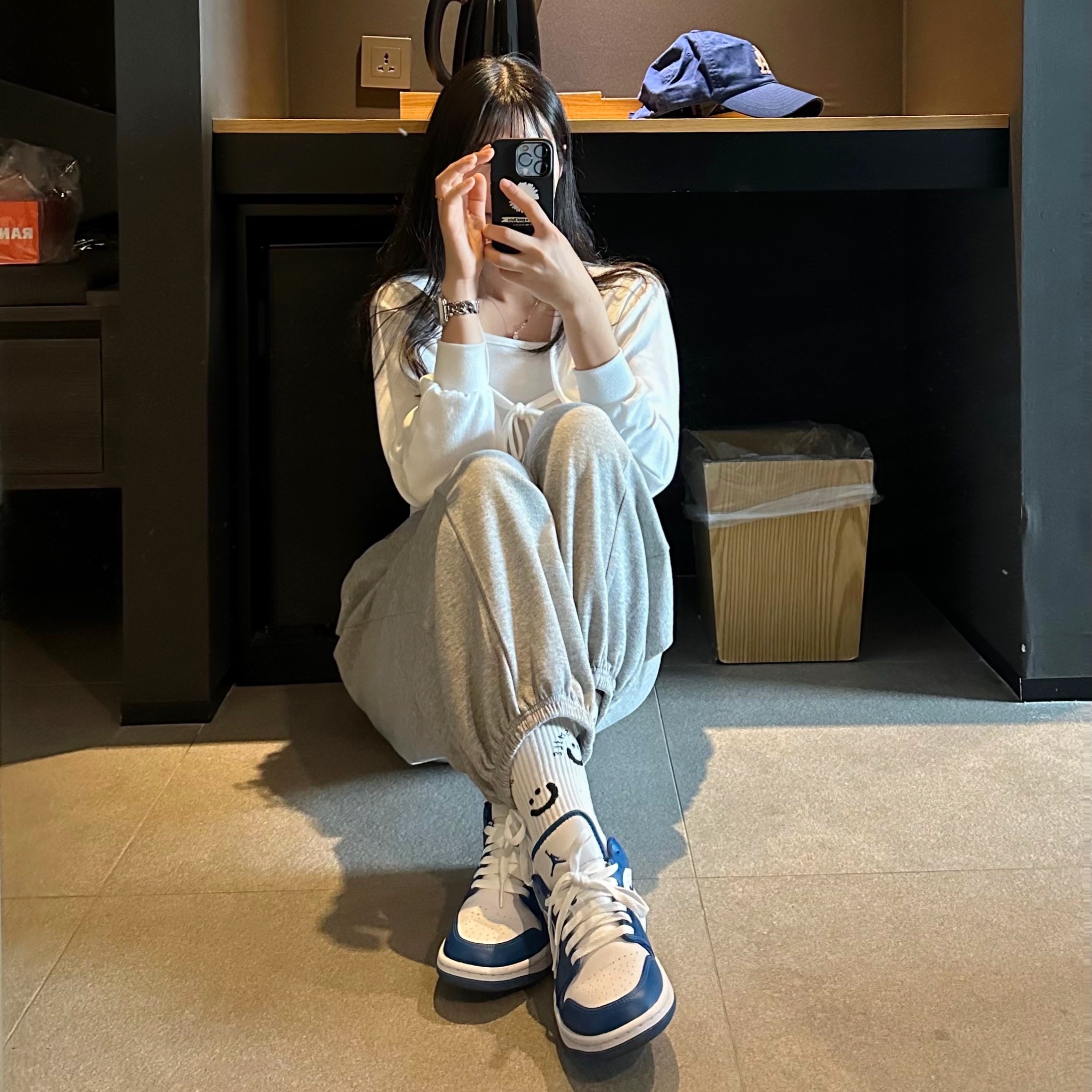 MLB Rookie Unstructure Ball Cap LA Dodgers Blue, (W) Jordan 1 Low White Dark Marina Blue 착용 스타일 - 1