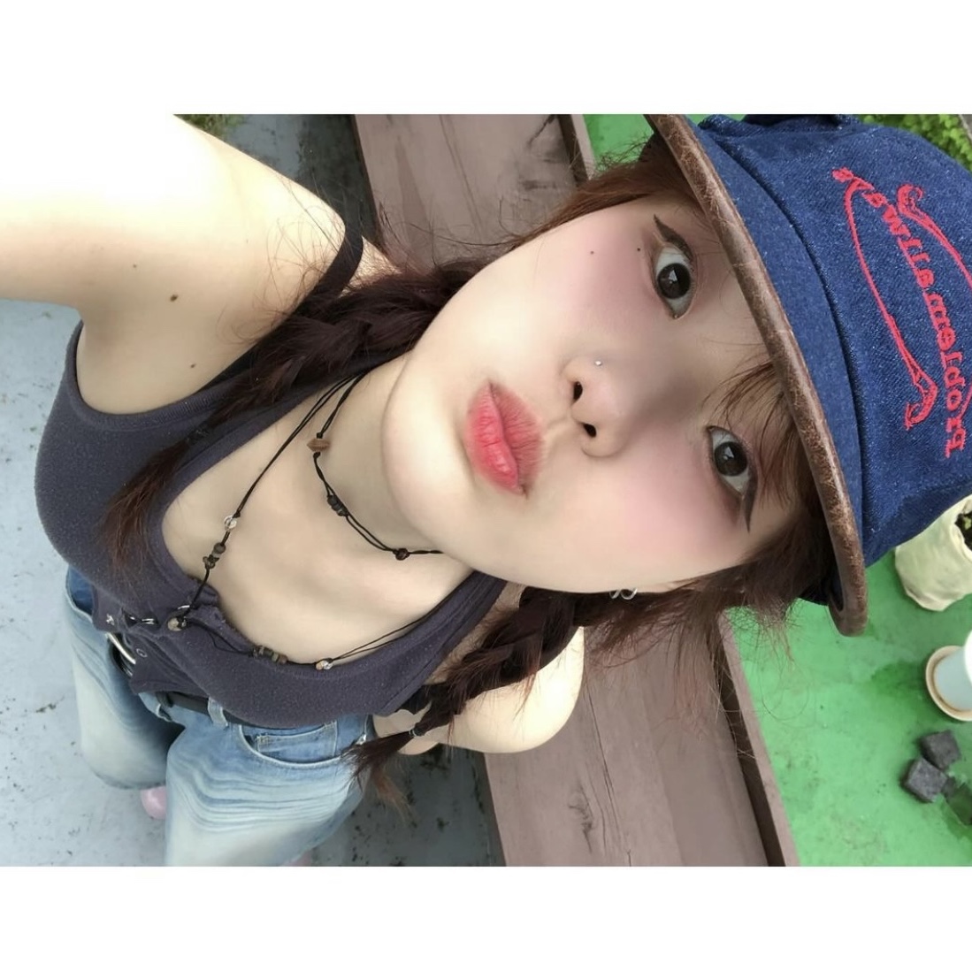 Problemallways Logo Denim Pocket Camp Cap Blue 착용 스타일 - 2