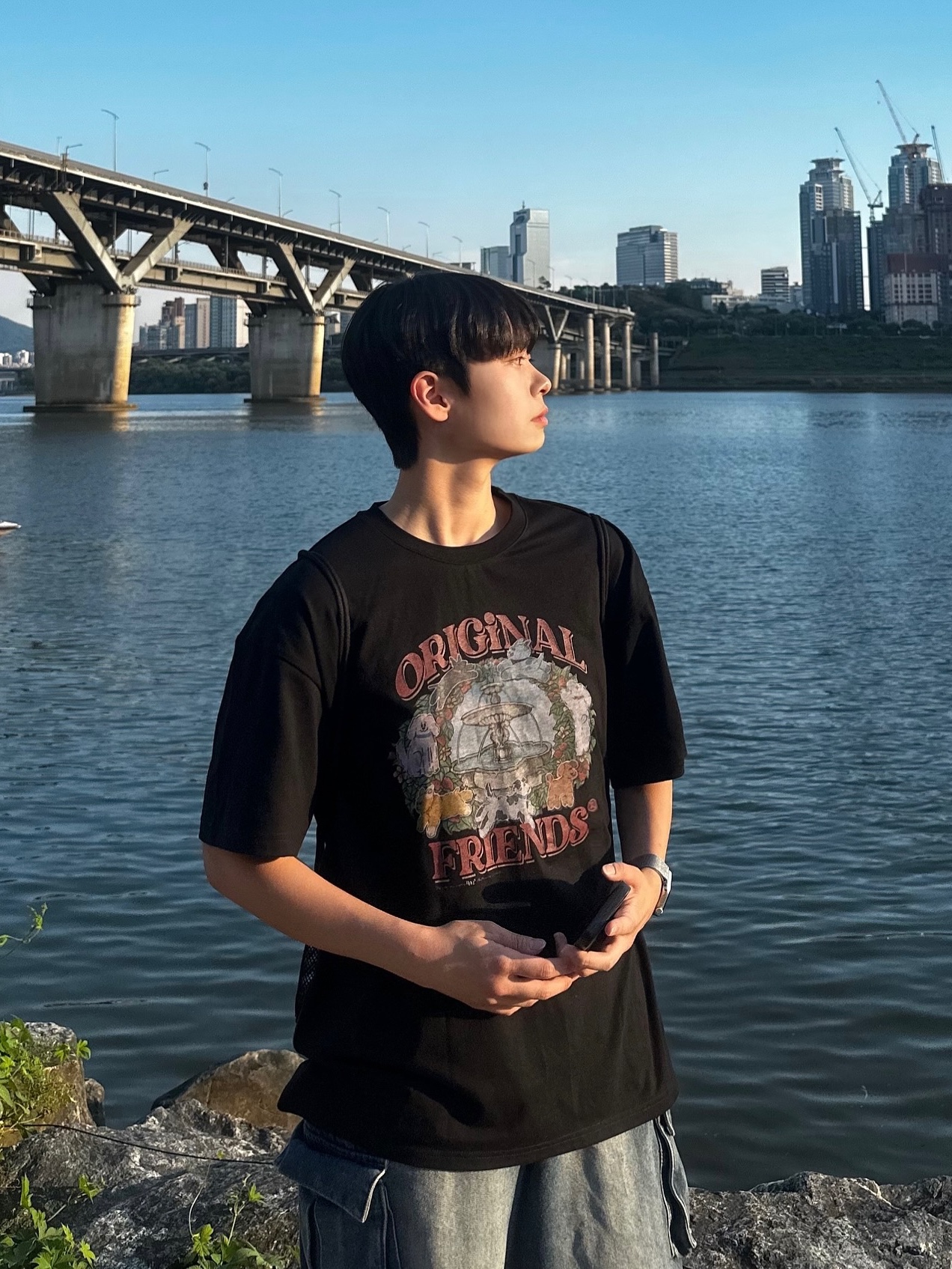 RDVZ Original Puppy Friends T-shirt Black 착용 스타일