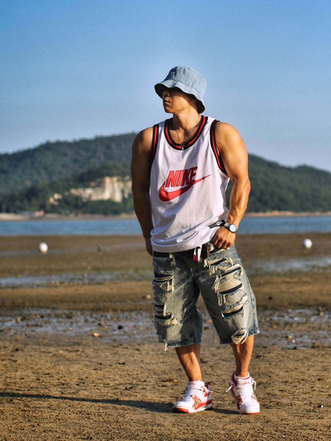 Nike Apex Denim Bucket Hat Aegean Storm Thunder Blue, Nike x Stussy Air Flight 89 Low White Habanero Red Sail 착용 스타일 - 2