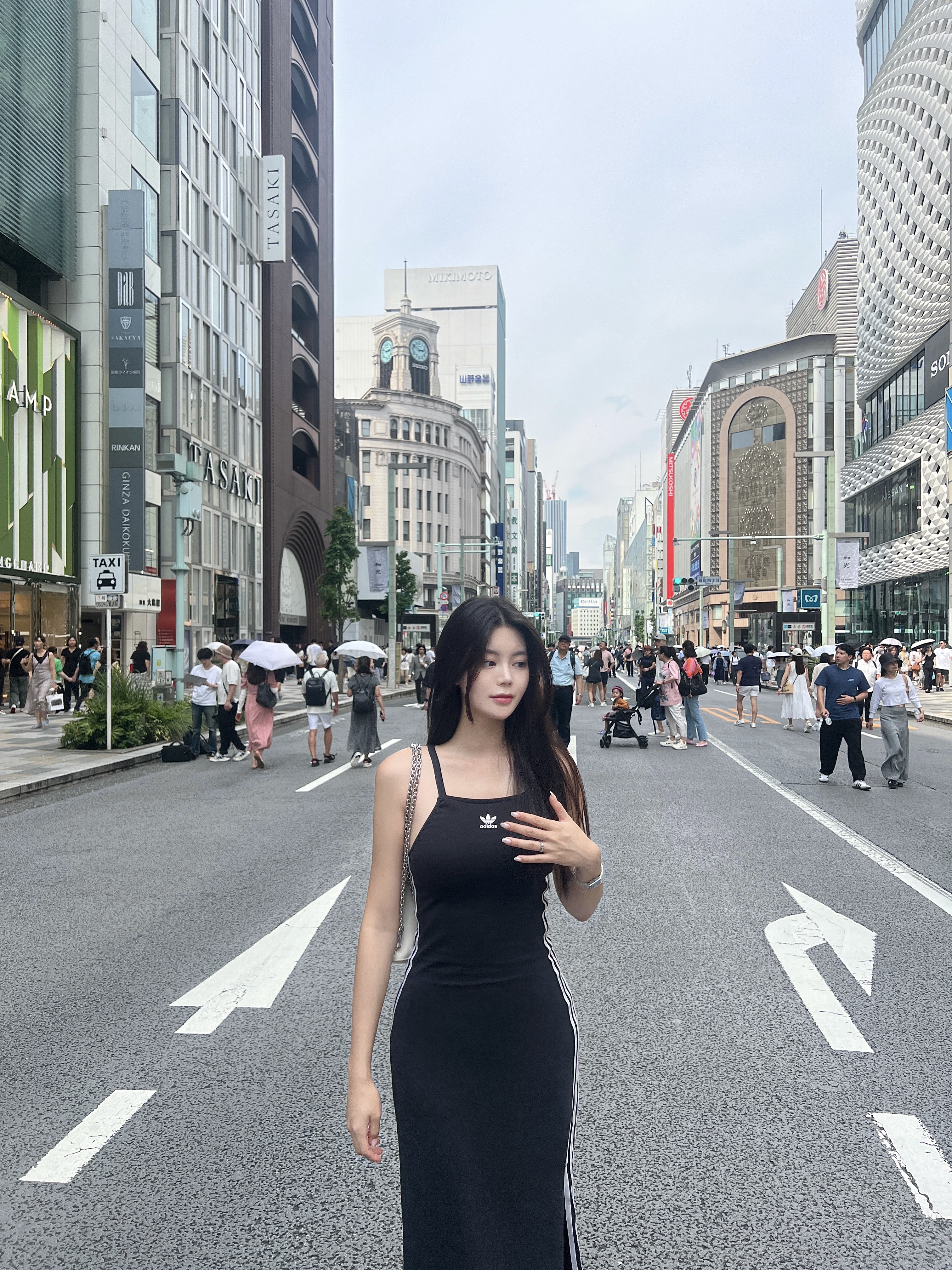 (W) Adidas Adicolor 3-Stripes Maxi Dress Black - KR Sizing 착용 스타일 - 1