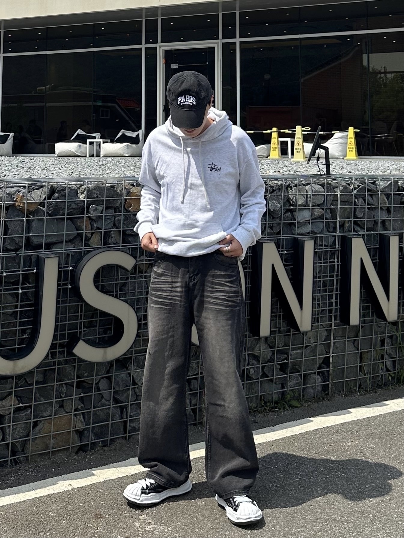 Maison Mihara Yasuhiro Peterson OG Sole Canvas Low Sneakers Black, Stussy Basic Stussy Hoodie Ash Heather 착용 스타일 - 3