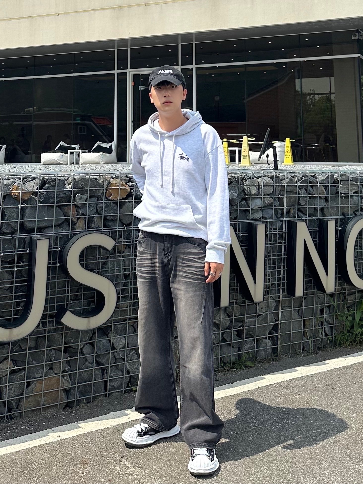 Maison Mihara Yasuhiro Peterson OG Sole Canvas Low Sneakers Black, Stussy Basic Stussy Hoodie Ash Heather 착용 스타일 - 2