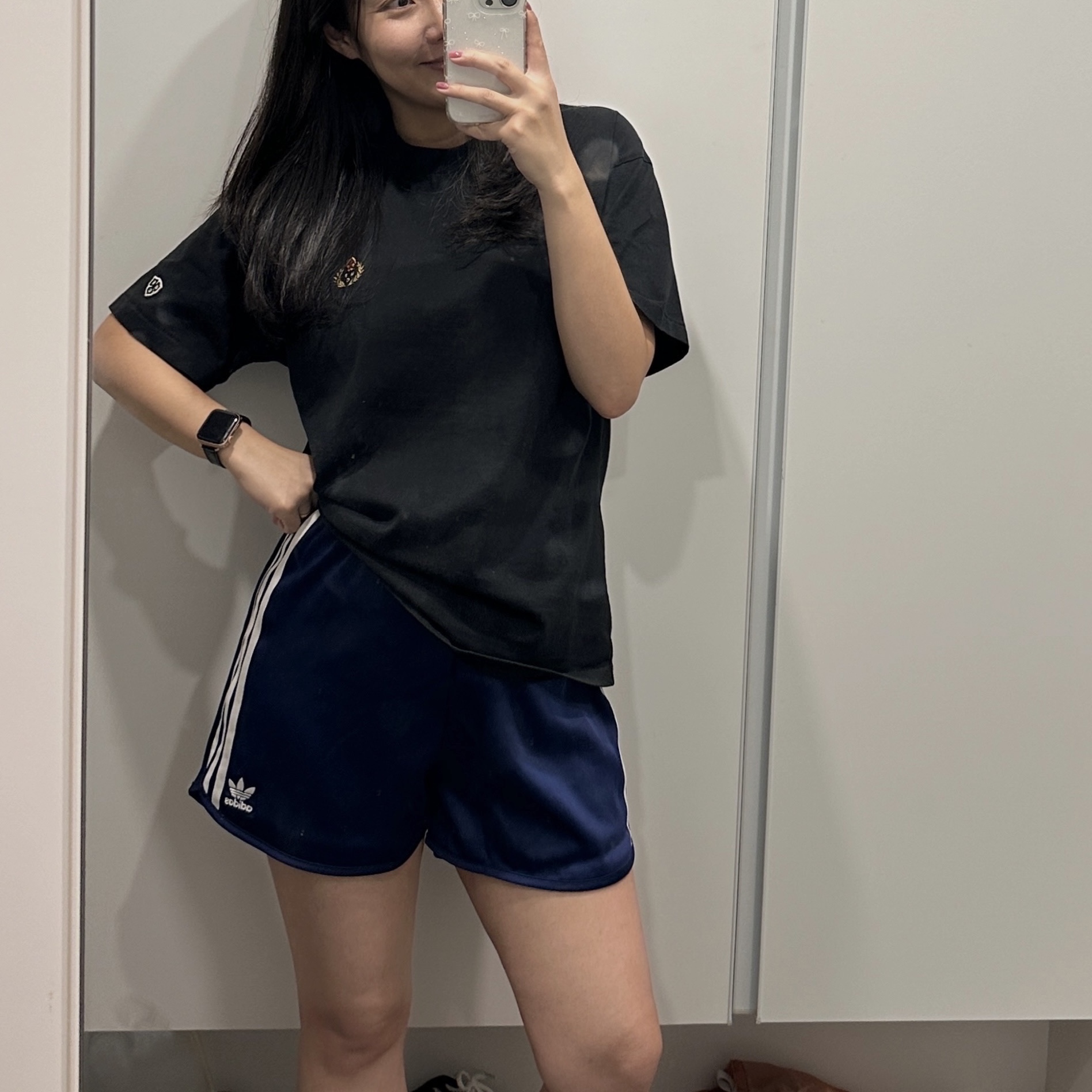 (W) Adidas Satin Sprint Shorts Dark Blue - KR Sizing, Heritage Floss Crest 20s Compact Yarn T-Shirt Black 착용 스타일 - 1