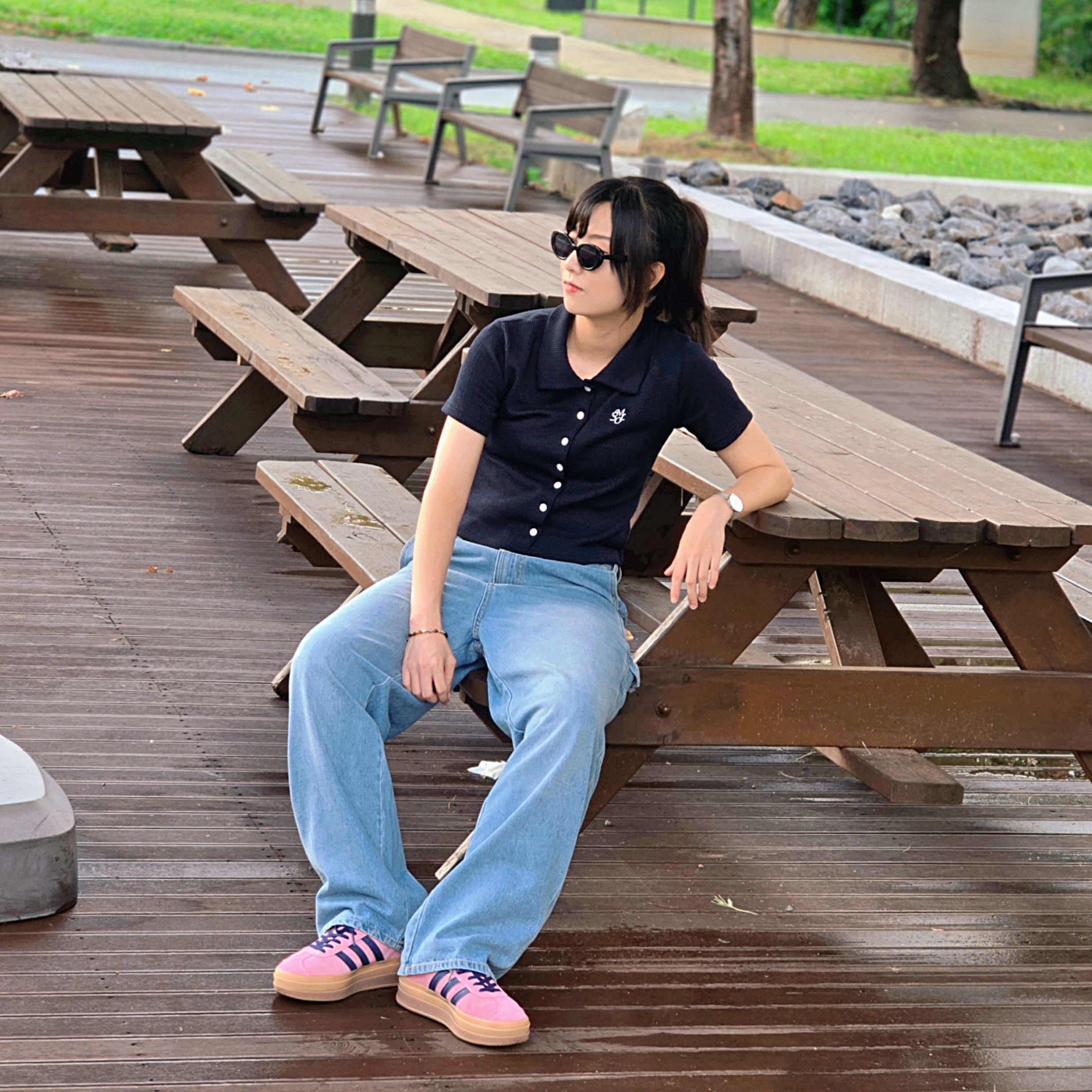 (W) Adidas Gazelle Bold Pink Glow Victory Blue 착용 스타일 - 1