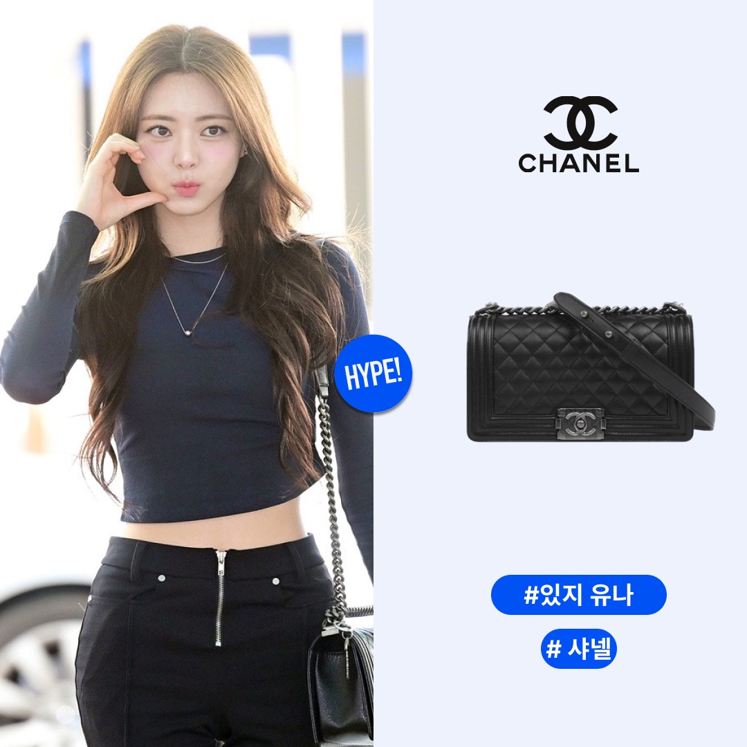 Chanel Medium Boy Chanel Handbag Grained Calfskin & Ruthenium Black 착용 스타일 - 1