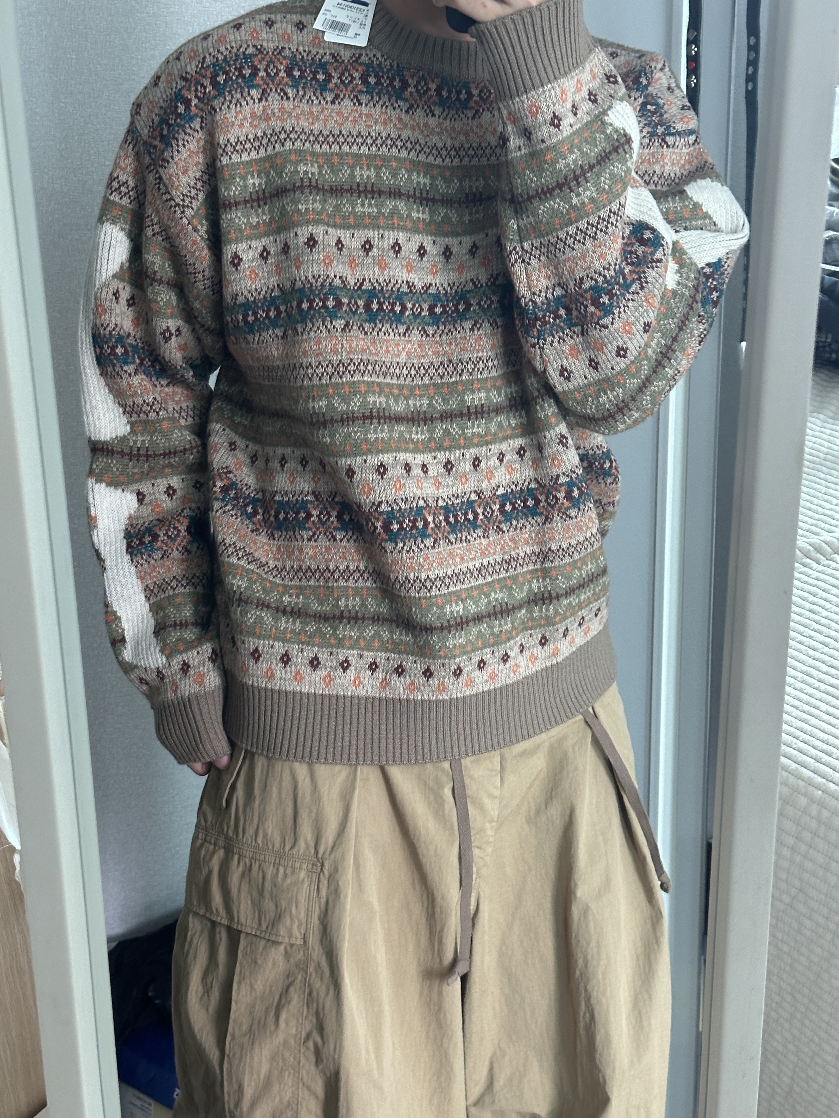 Kapital 7G Wool Fair Isle Bone Crew Sweater Orange 착용 스타일 - 1