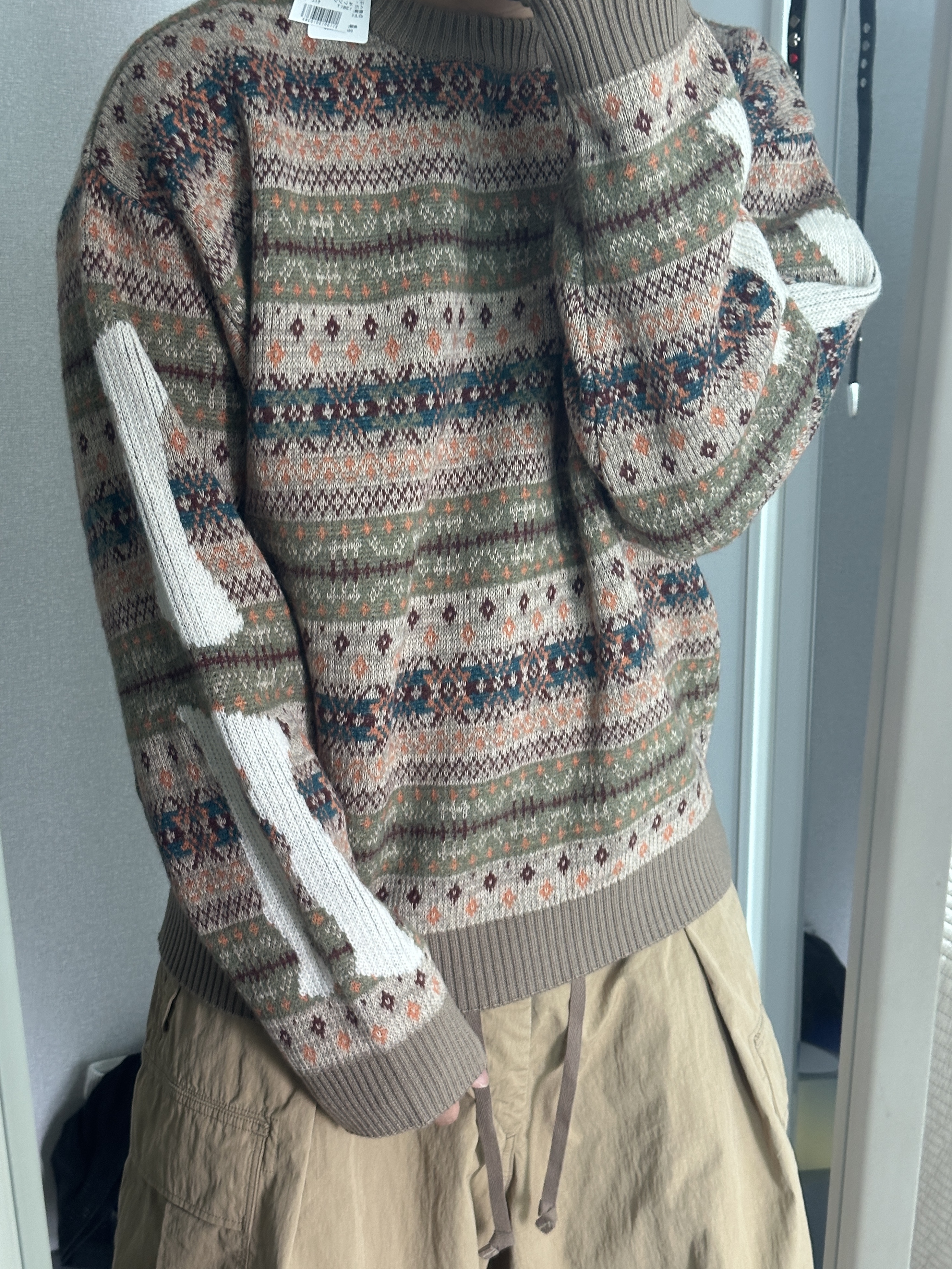 Kapital 7G Wool Fair Isle Bone Crew Sweater Orange 착용 스타일 - 3