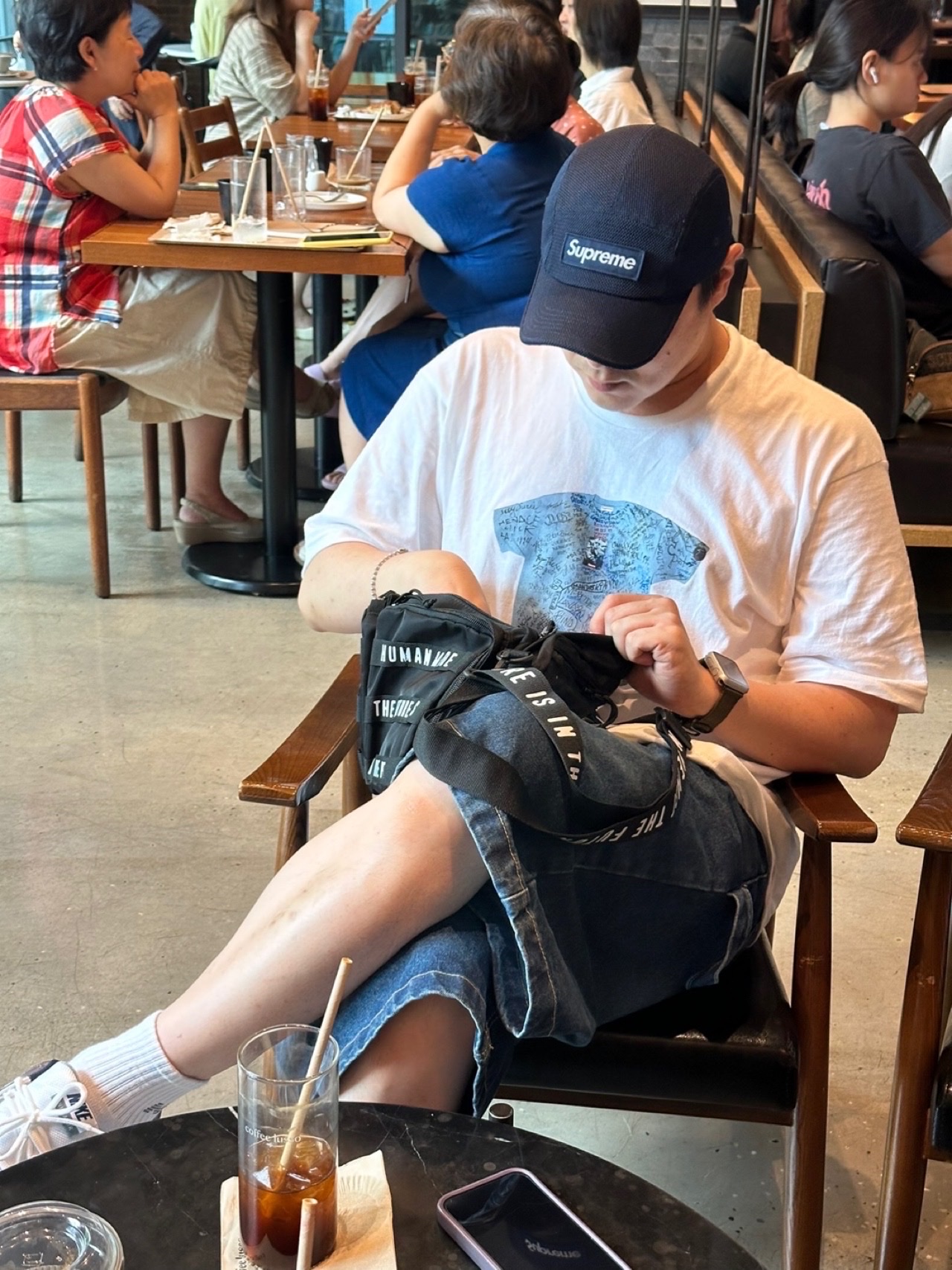 Supreme Mesh Cordura Camp Cap Navy - 23SS, Supreme First T-Shirt White - 24SS 착용 스타일
