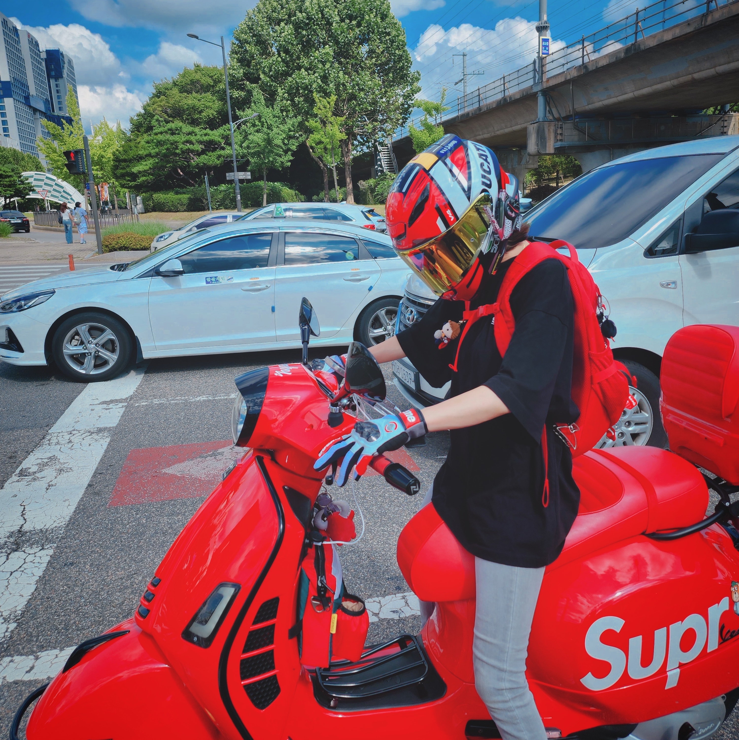 Supreme x Ducati Spidi C1 Leather Gloves Red - 24SS, Supreme Backpack Red - 23FW 착용 스타일 - 1