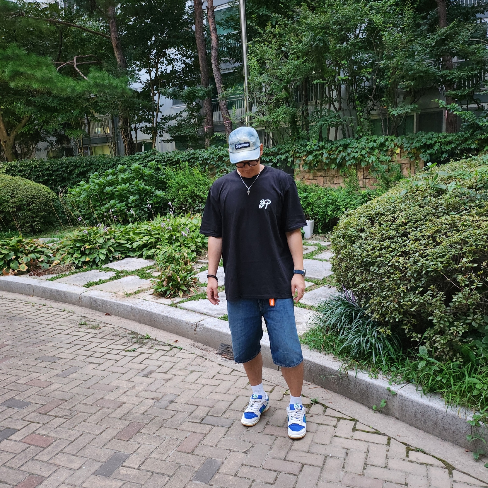 Nike SB Dunk Low Pro Phantom and Hyper Royal, Supreme Washed Chino Twill Camp Cap Dirty Indigo - 24SS 착용 스타일 - 2