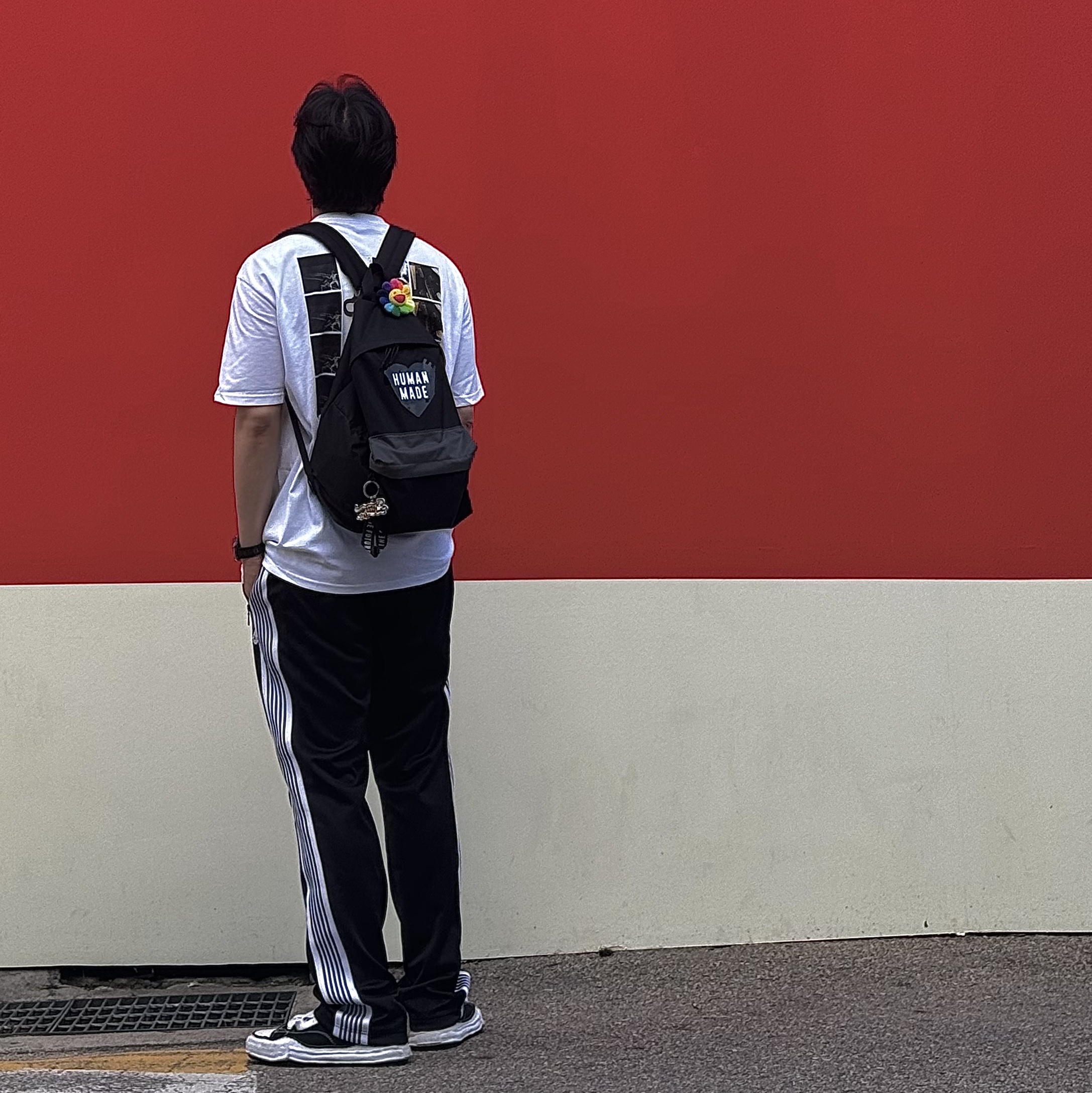 Stussy Grid T-Shirt White, Human Made Backpack Black 착용 스타일