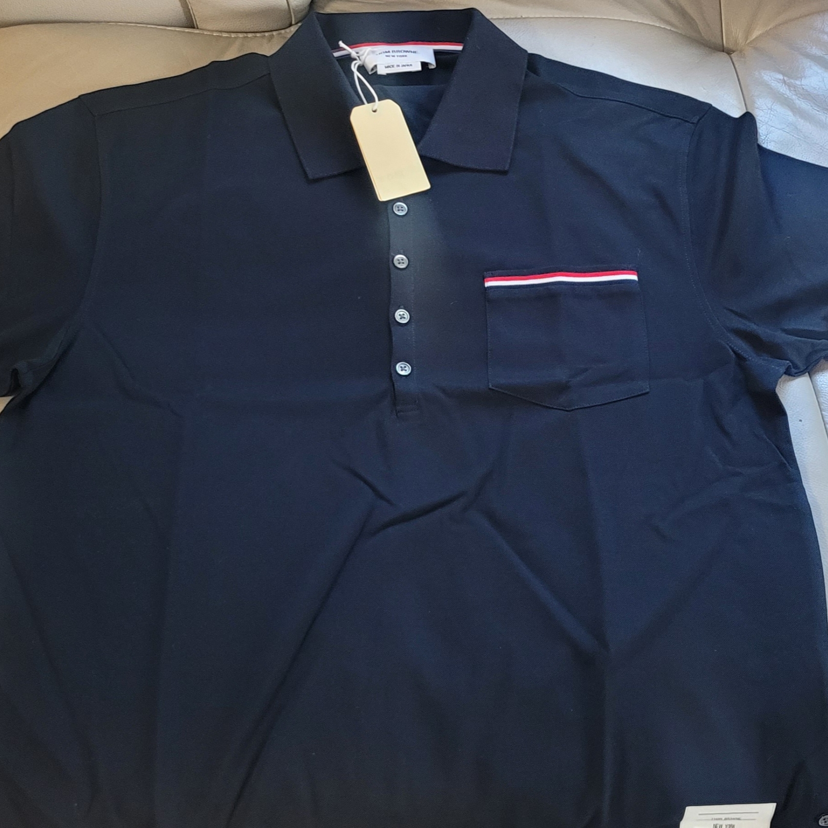 Thom Browne RWB Pocket Trim Pique Polo Shirt Navy 착용 스타일 - 2