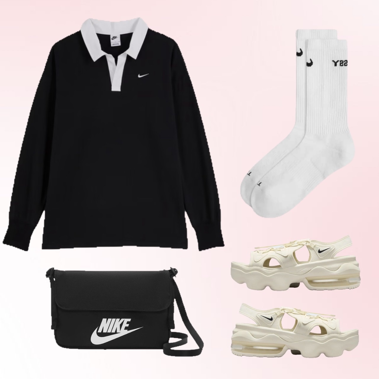(W) Nike NSW Essential Oversized Long Sleeve Polo Black White - Asia, Nike x Stussy NRG Crew Socks White Black 착용 스타일