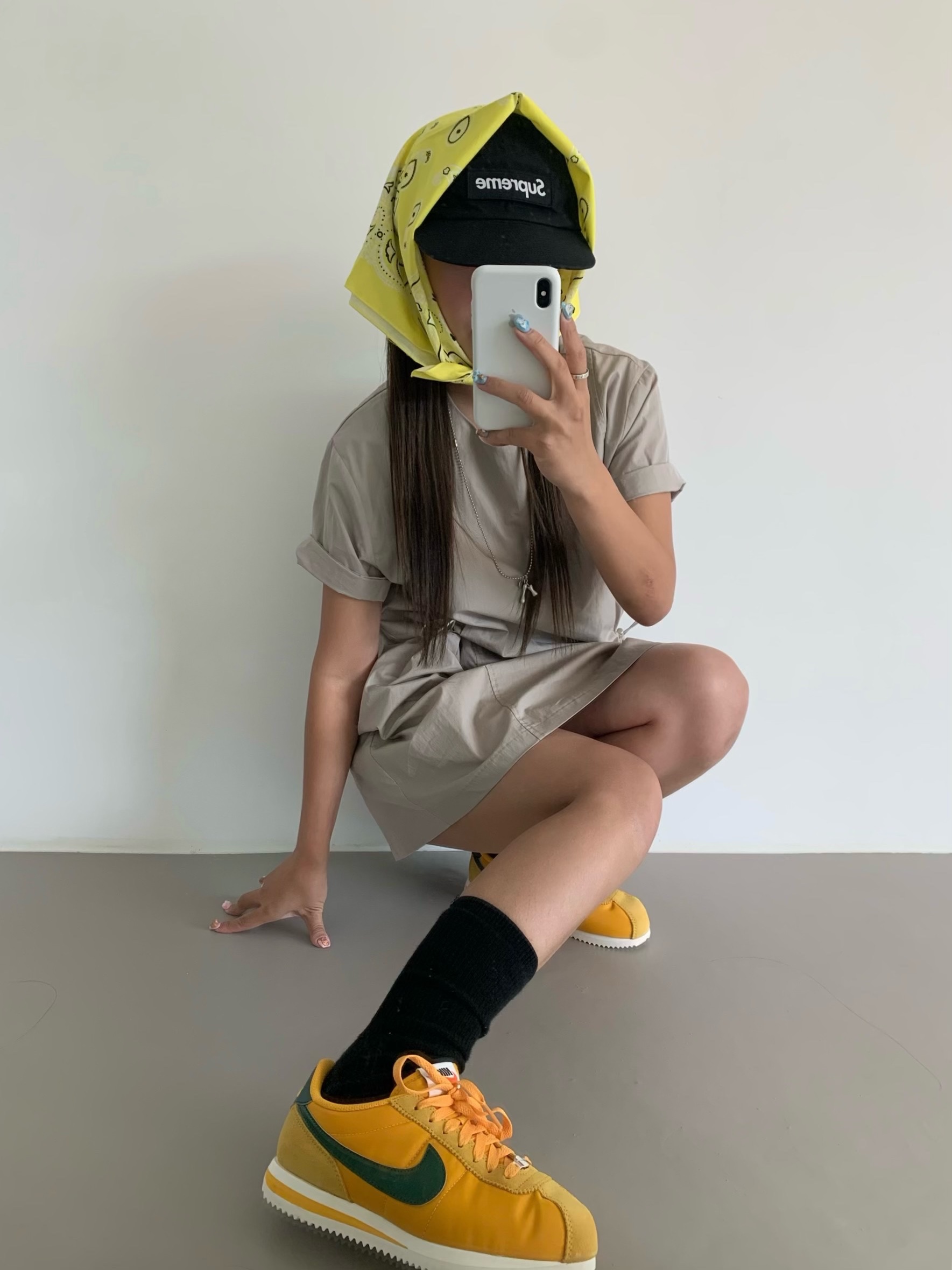 (W) Nike Cortez Vivid Sulfur, Supreme Waxed Cotton Camp Cap Black - 23FW 착용 스타일