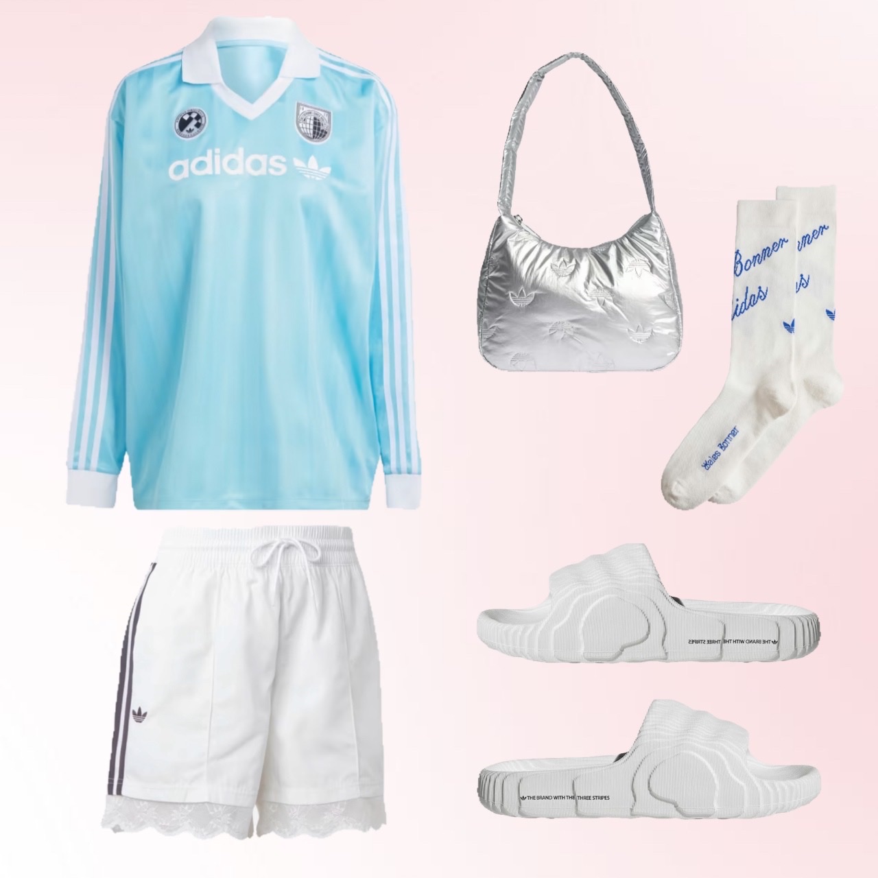 (W) Adidas Football Long Sleeve T-Shirt Light Aqua - KR Sizing, Adidas x Wales Bonner Short Socks Chalk White 착용 스타일