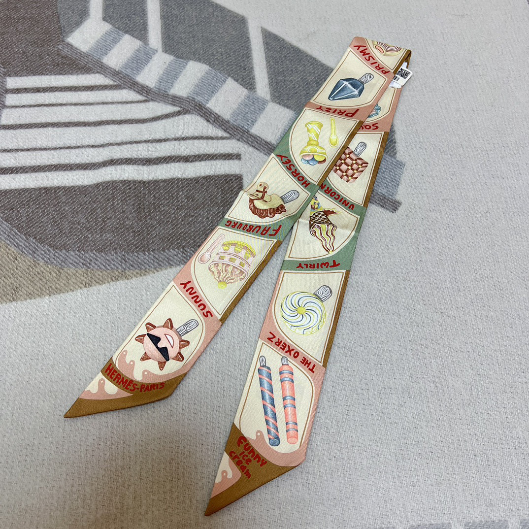 (W) Hermes Funny Ice Cream Twilly Beige Creme Vert Amande 착용 스타일
