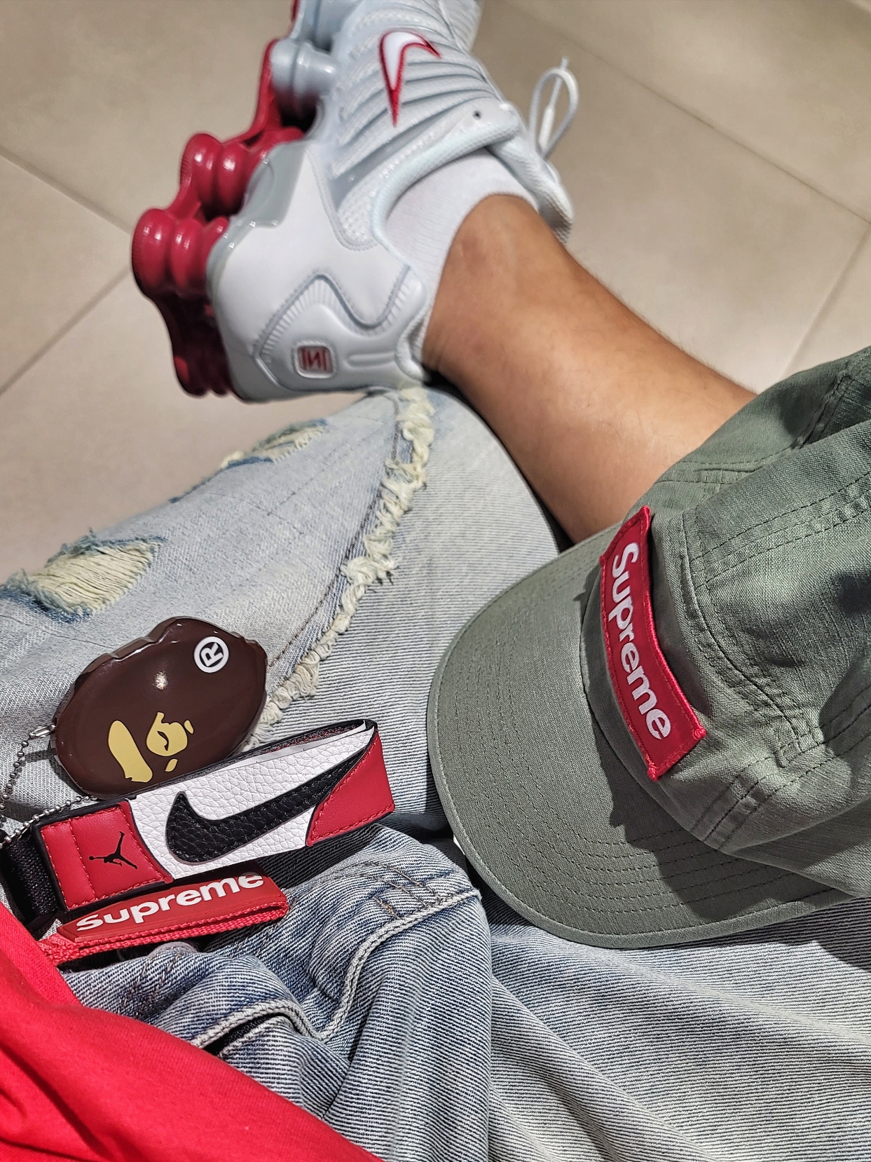 Supreme Military Camp Cap Olive - 24SS, Jordan Trophy Key Holder Wrist Lanyard Gym Red White 착용 스타일