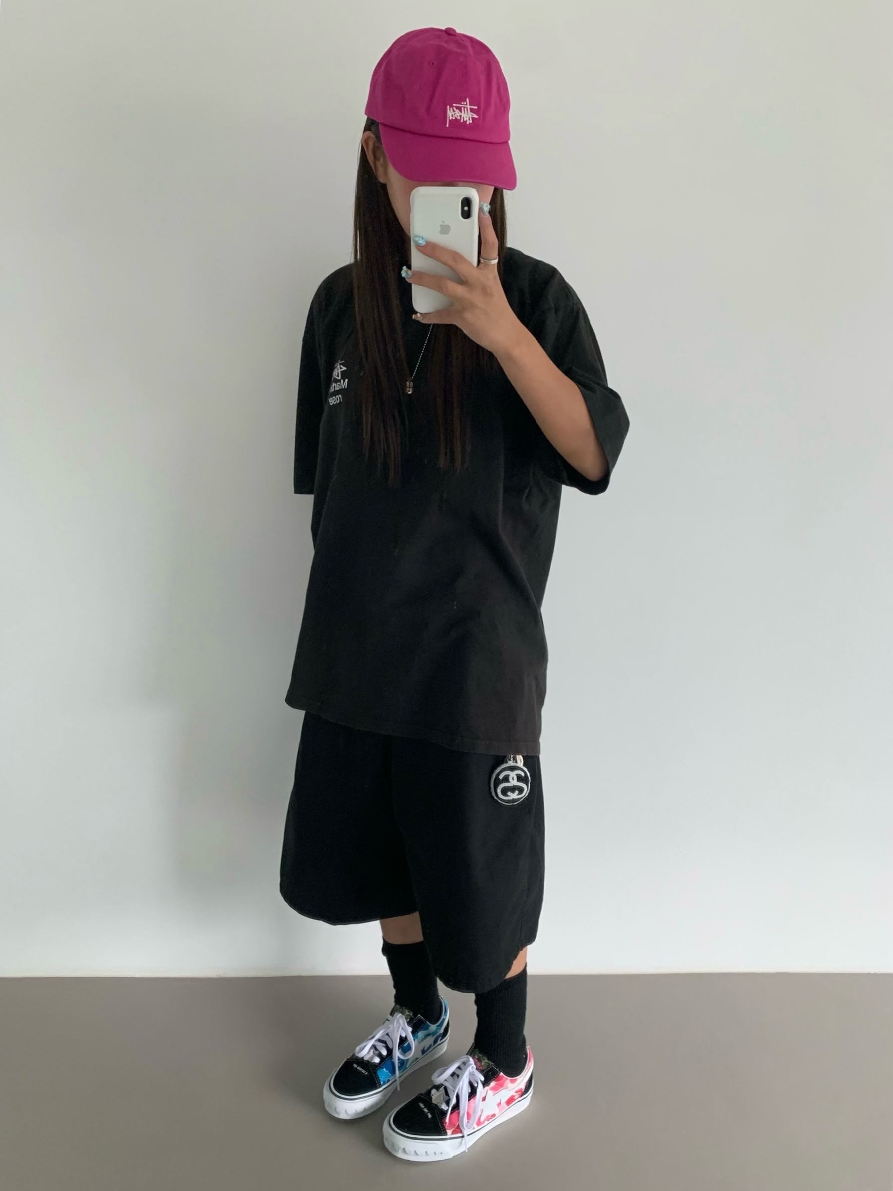 Vans x BAPE Old Skool TB LX Black, Stussy SS Link Beaded Ball Keychain Black 착용 스타일