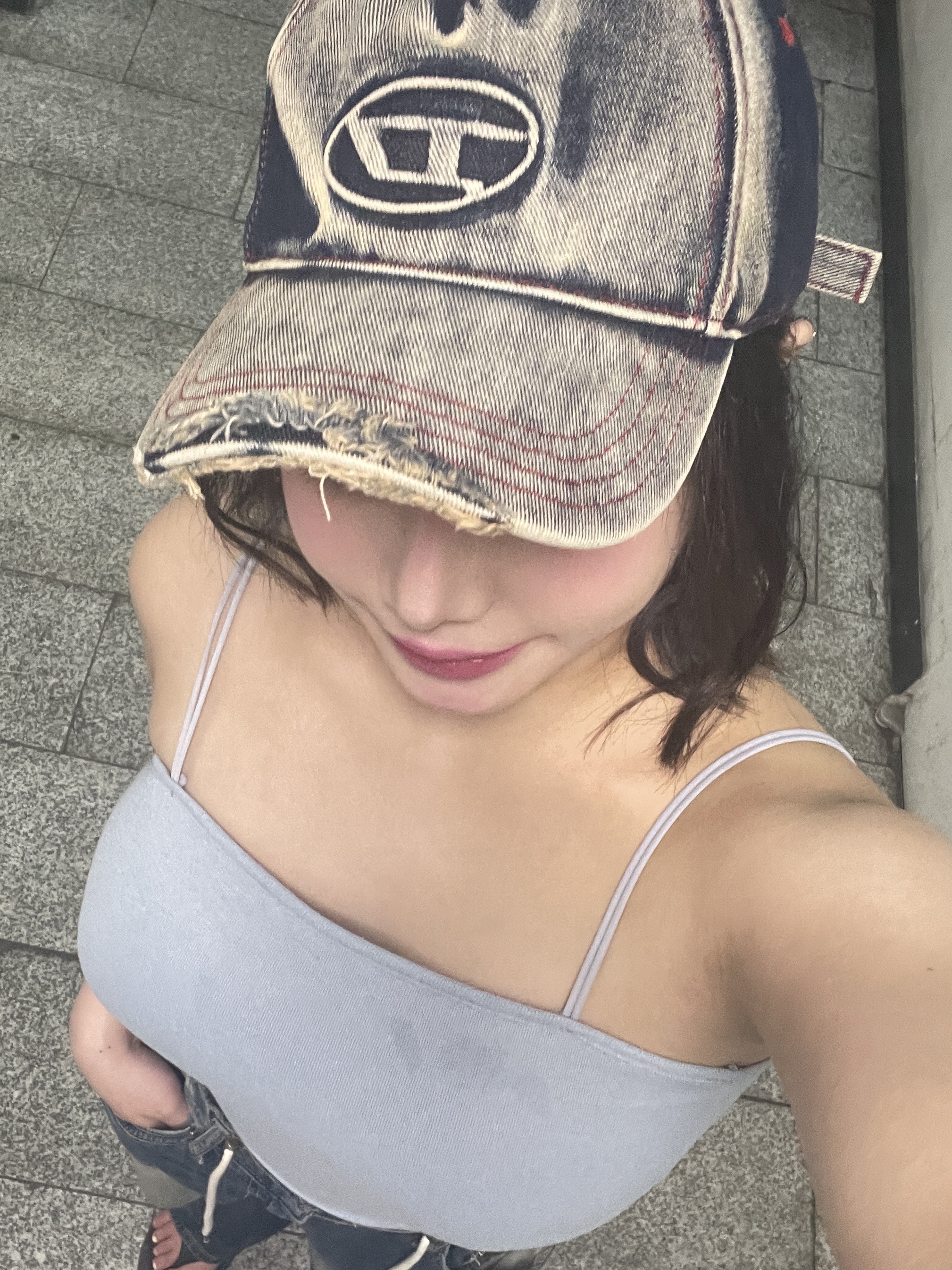 Diesel C-Seymon Treated Denim Baseball Cap Blue White 착용 스타일