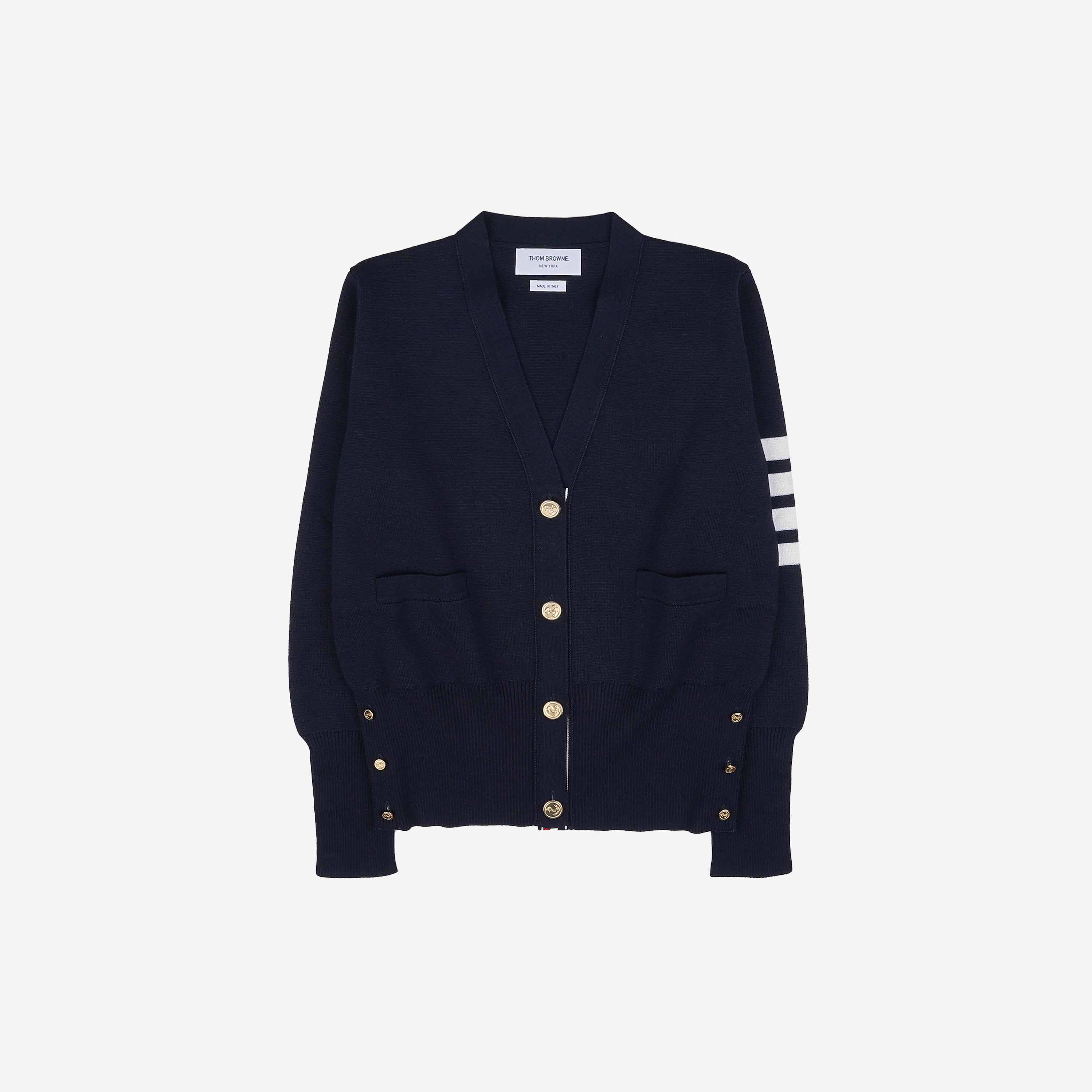 (W) Thom Browne Fine Merino Wool Milano Stitch 4-Bar Classic V-Neck Cardigan Navy